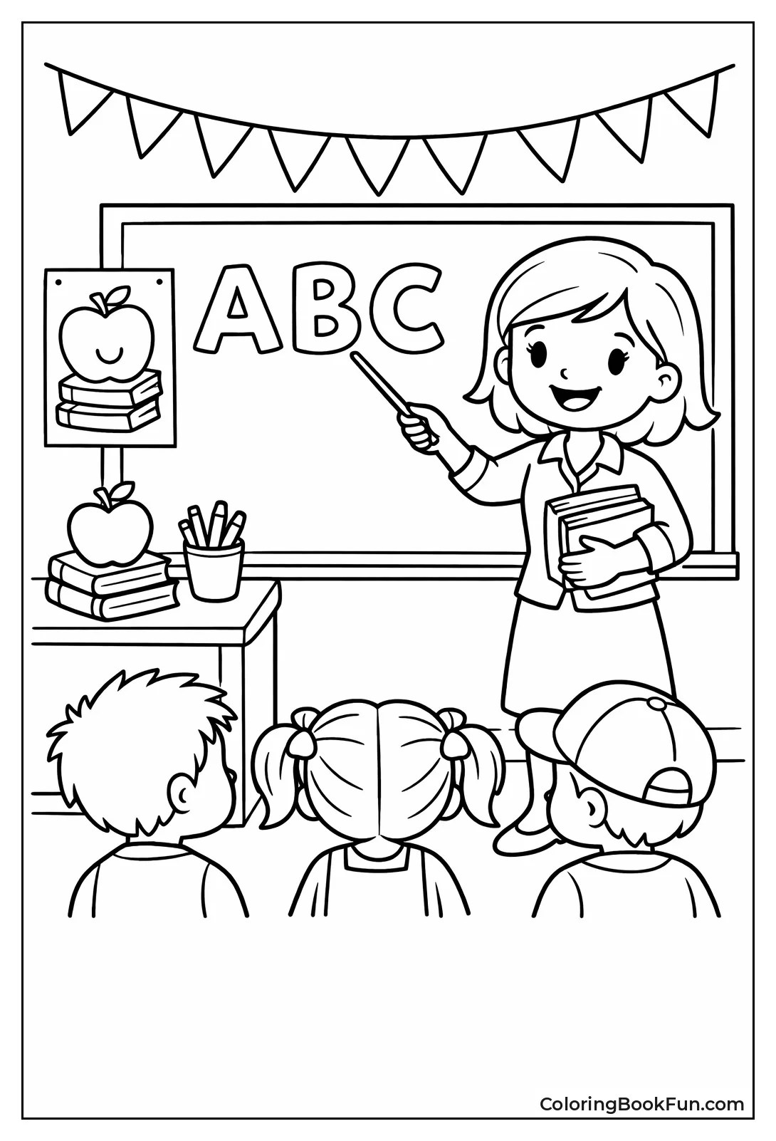 Teacher Pointing at ABC Chalkboard