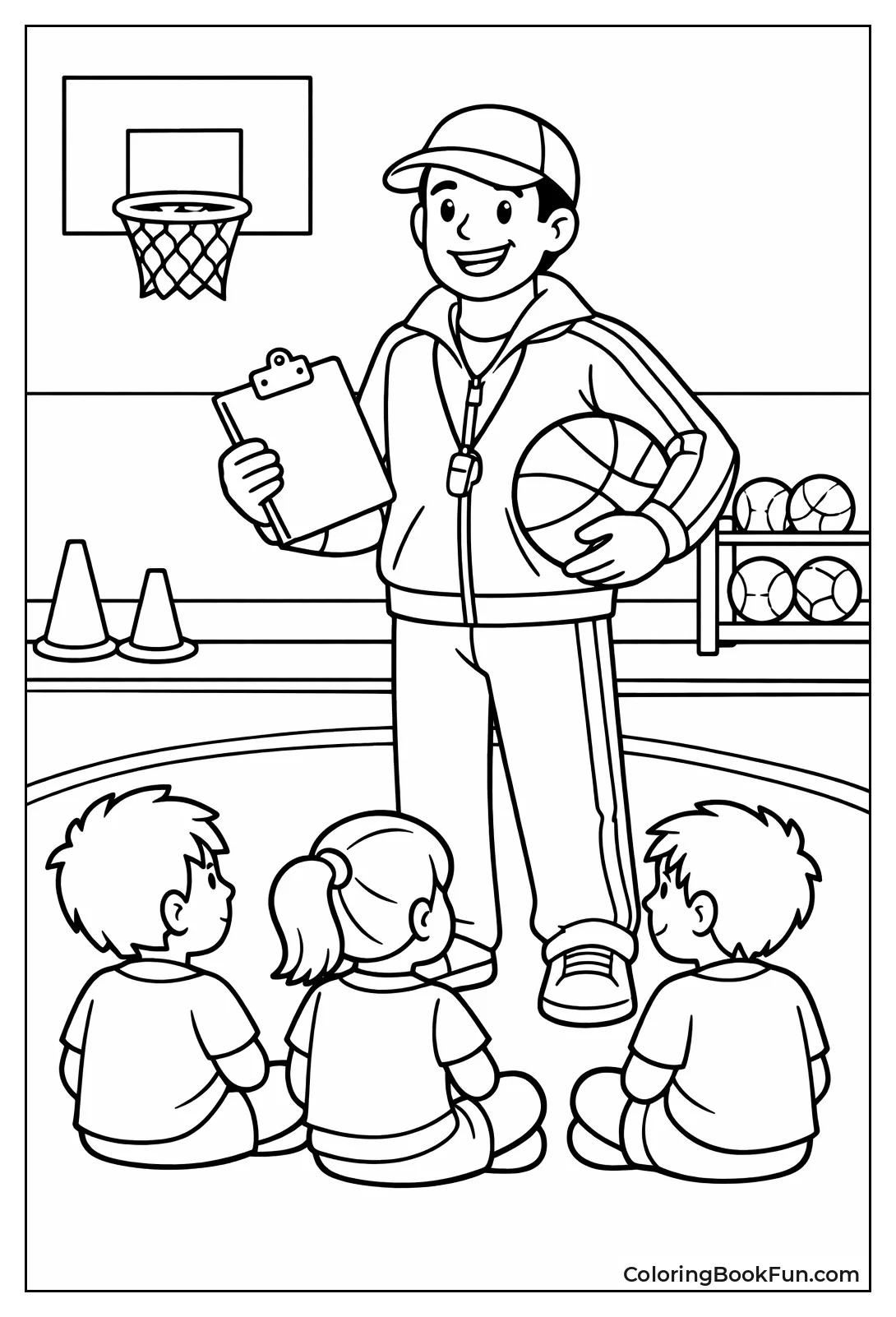 Gym Coach Holding Basketball Clipboard