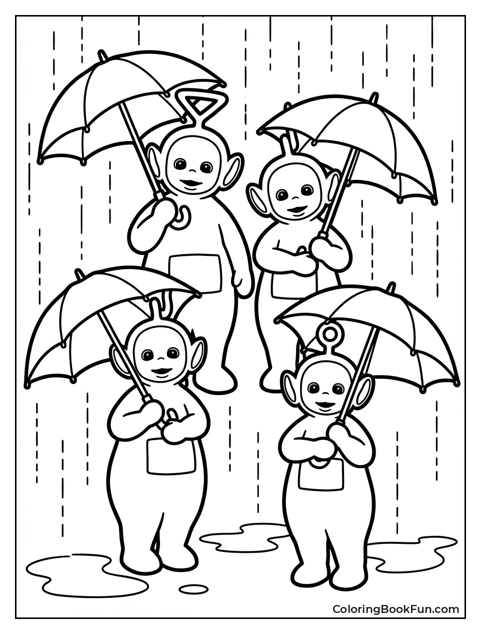 Teletubbies Hold Colorful Umbrellas