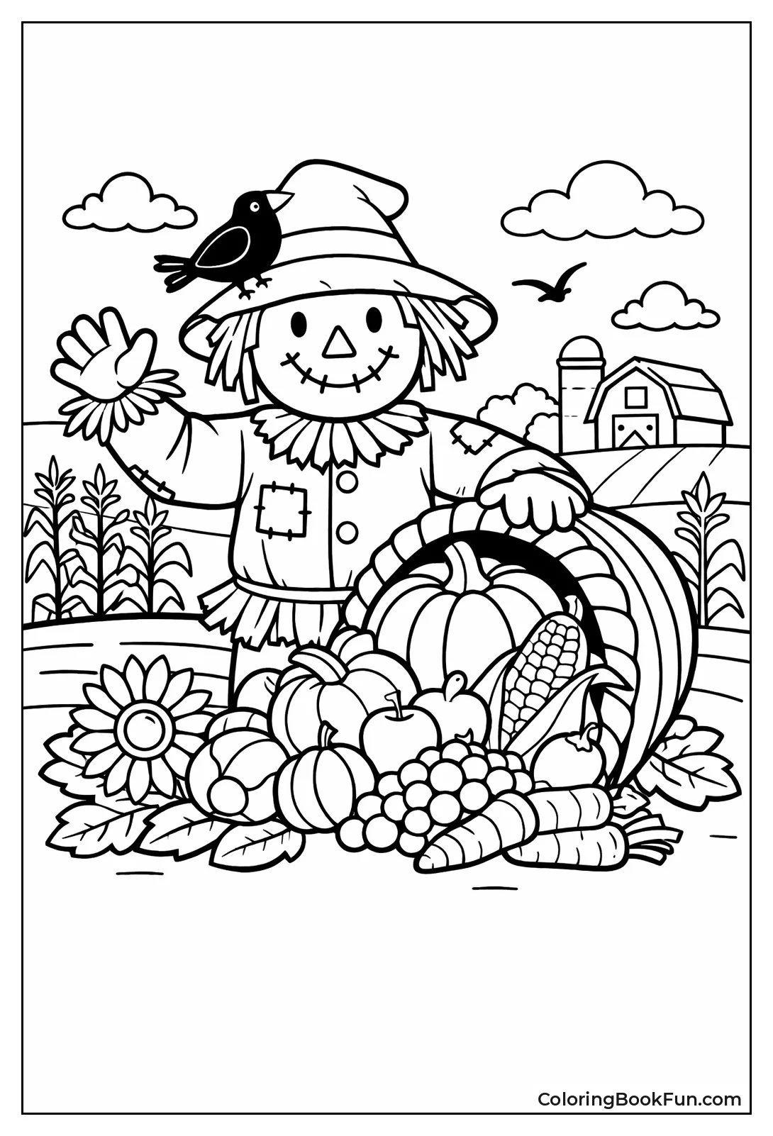 Thanksgiving Scarecrow Holds Cornucopia