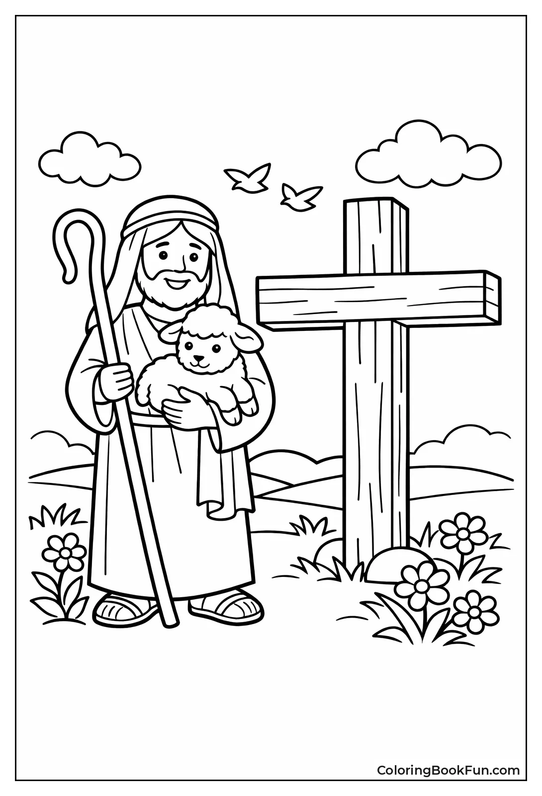 Shepherd Holds Lamb by Cross