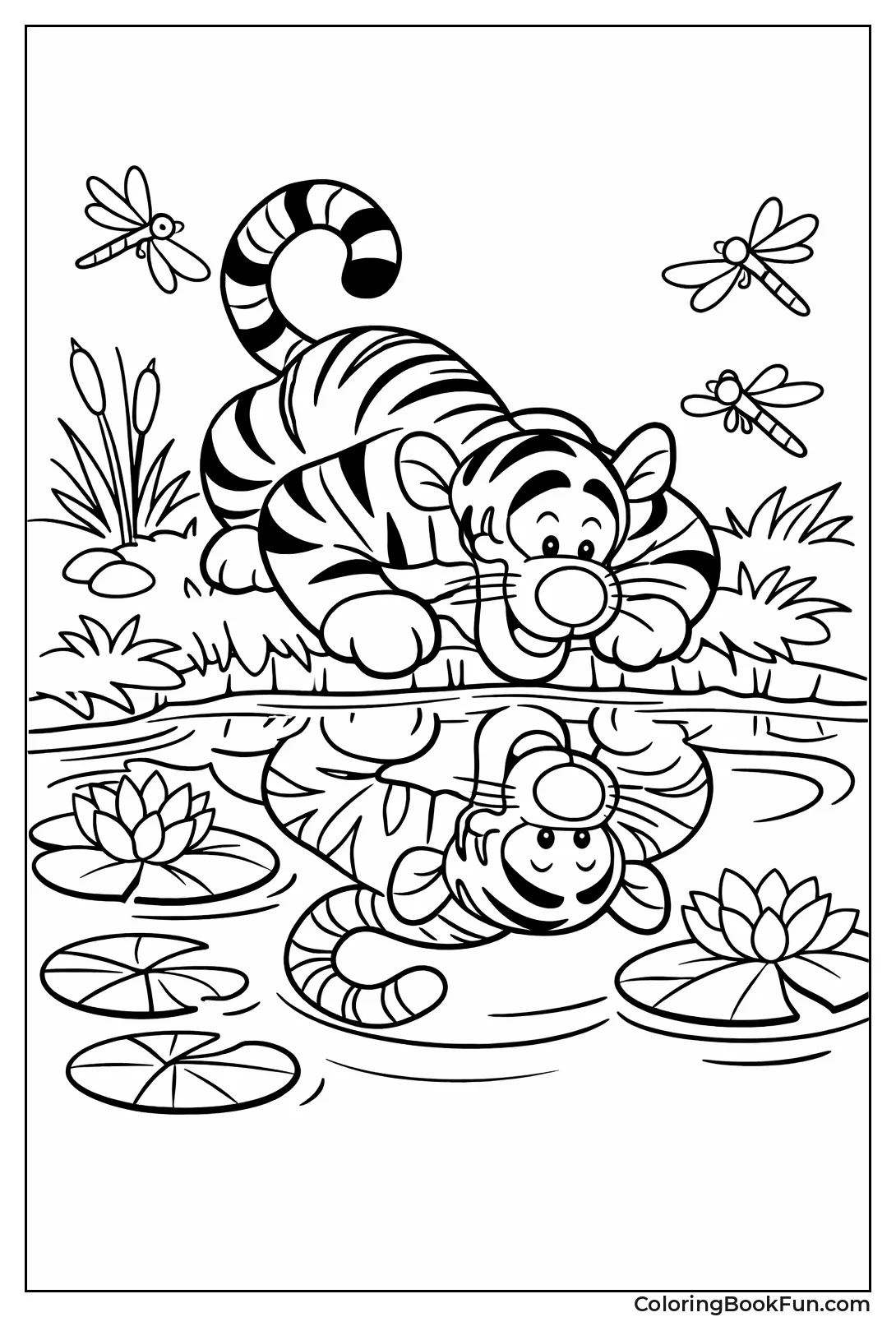 Tigger Gazes at Pond Reflection