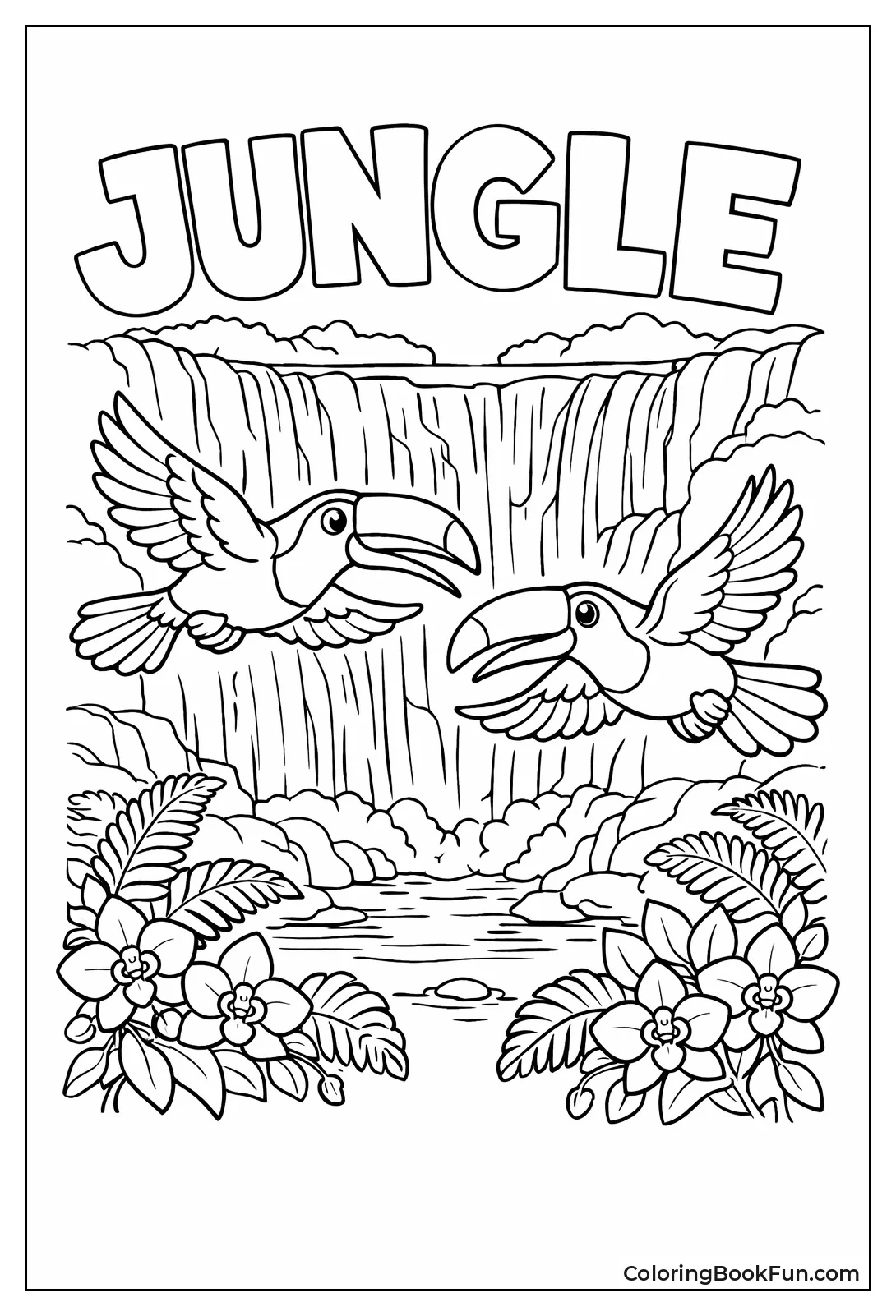 Toucans Fly by Waterfall