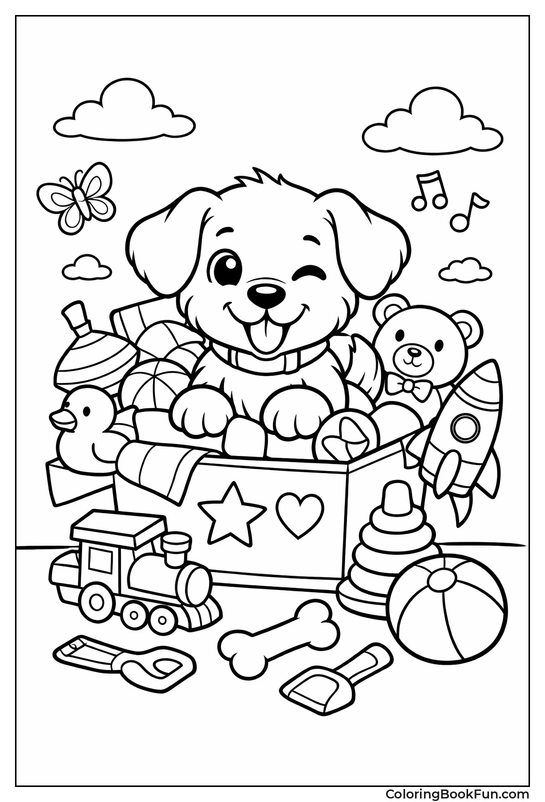 Puppy with Overflowing Toy Box