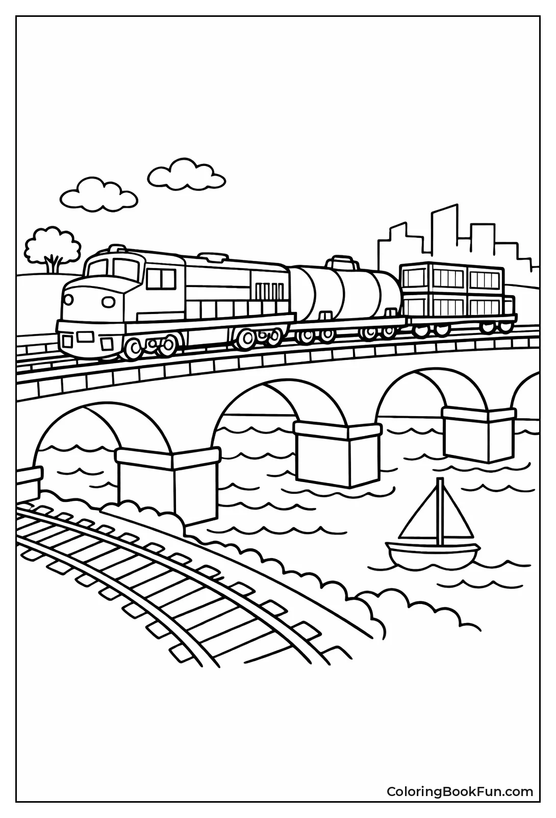 Freight Train Crosses Bridge