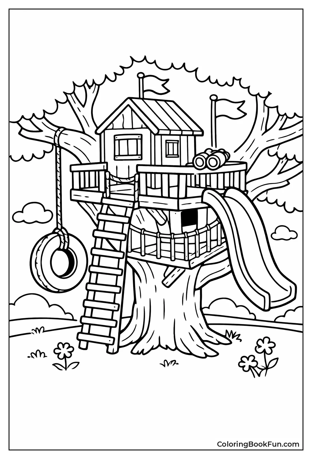 Treehouse and Hanging Tire Swing