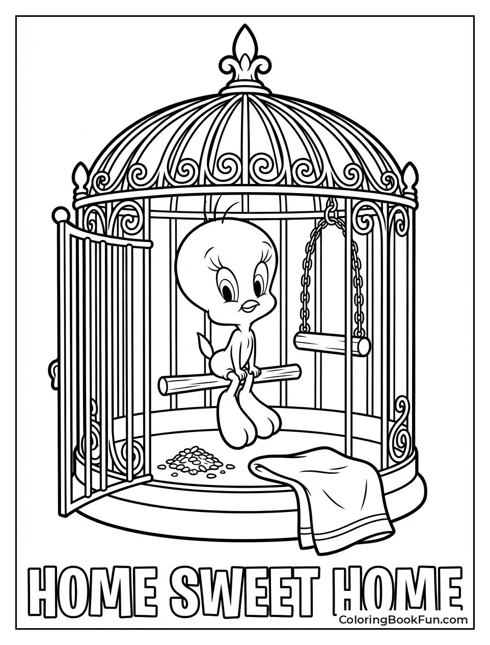 Tweety Perches in Cage