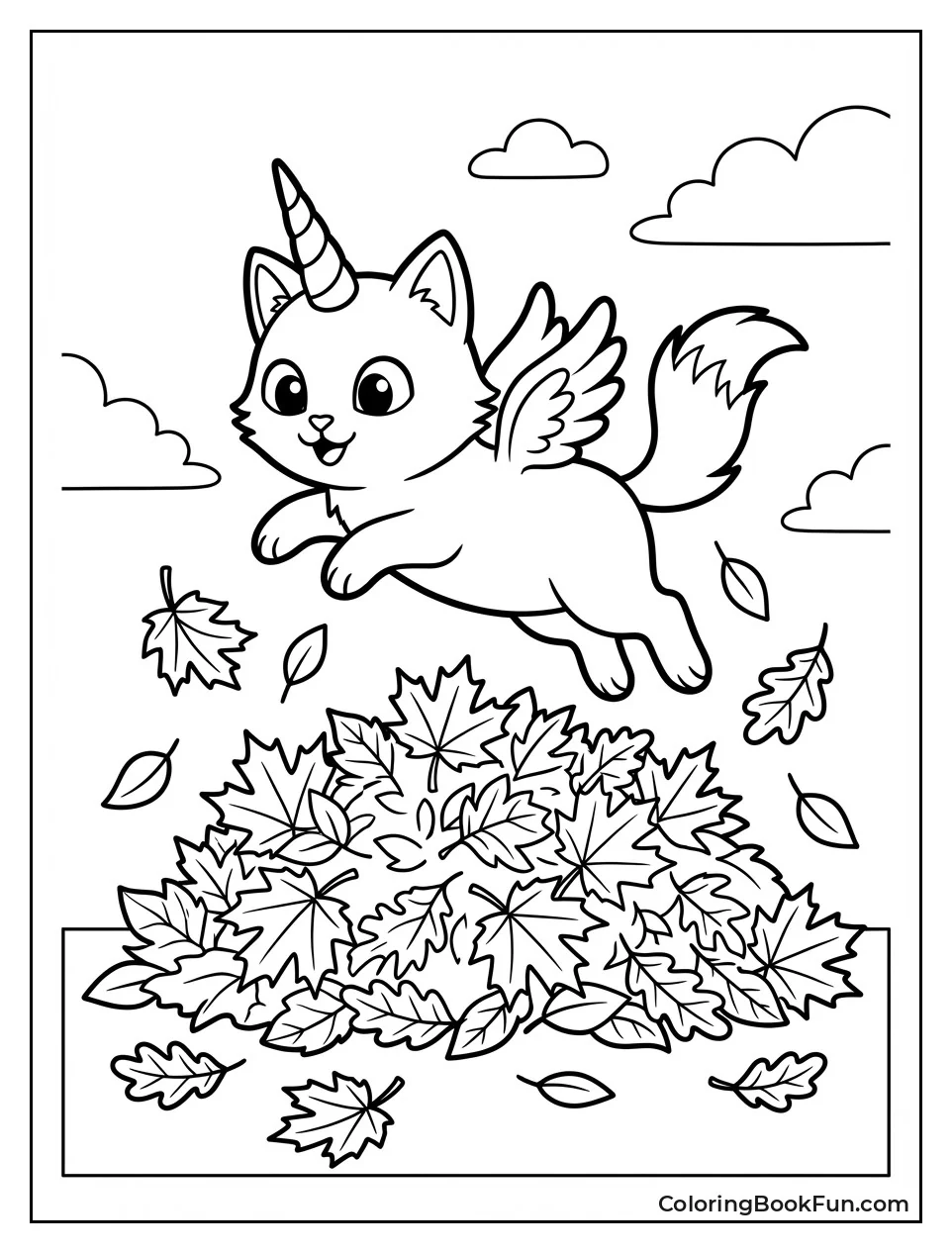 Unicorn Cat Jumps Leaf Pile