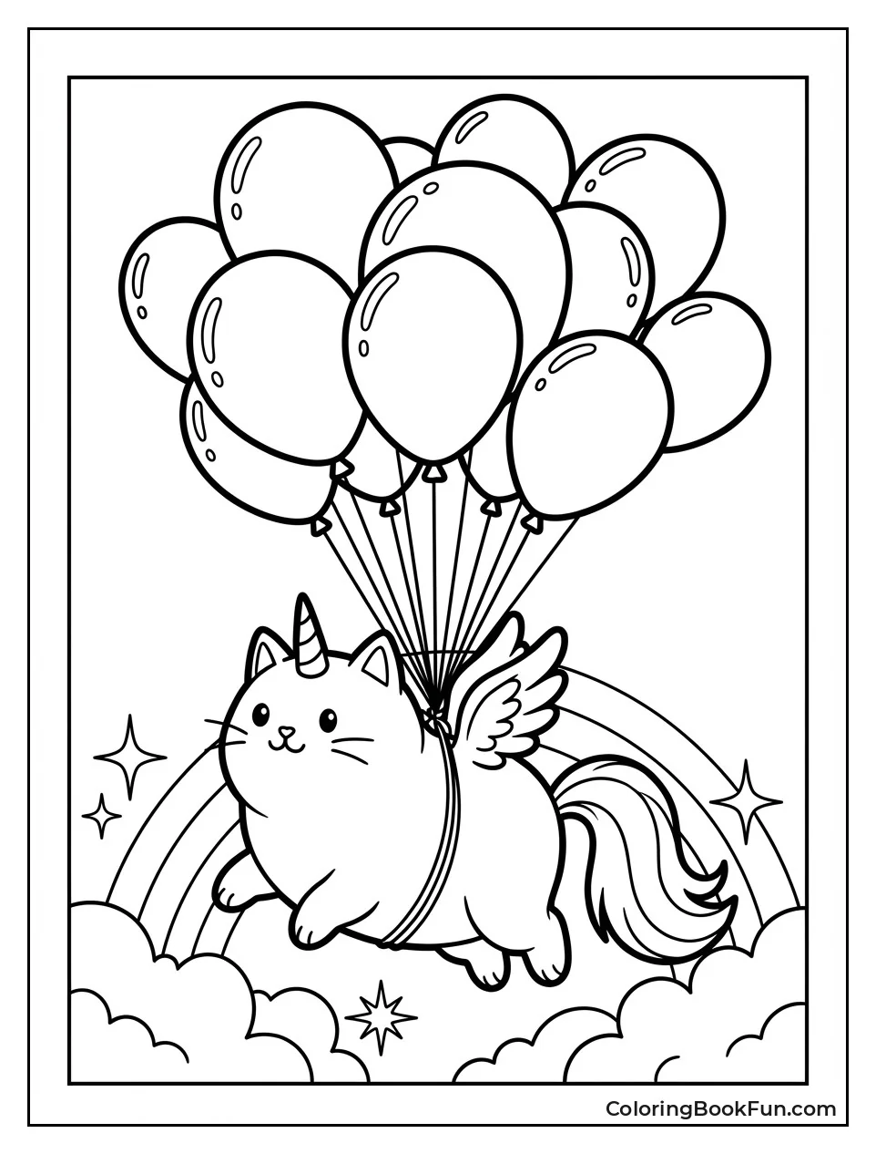 Unicorn Cat Soars with Balloons