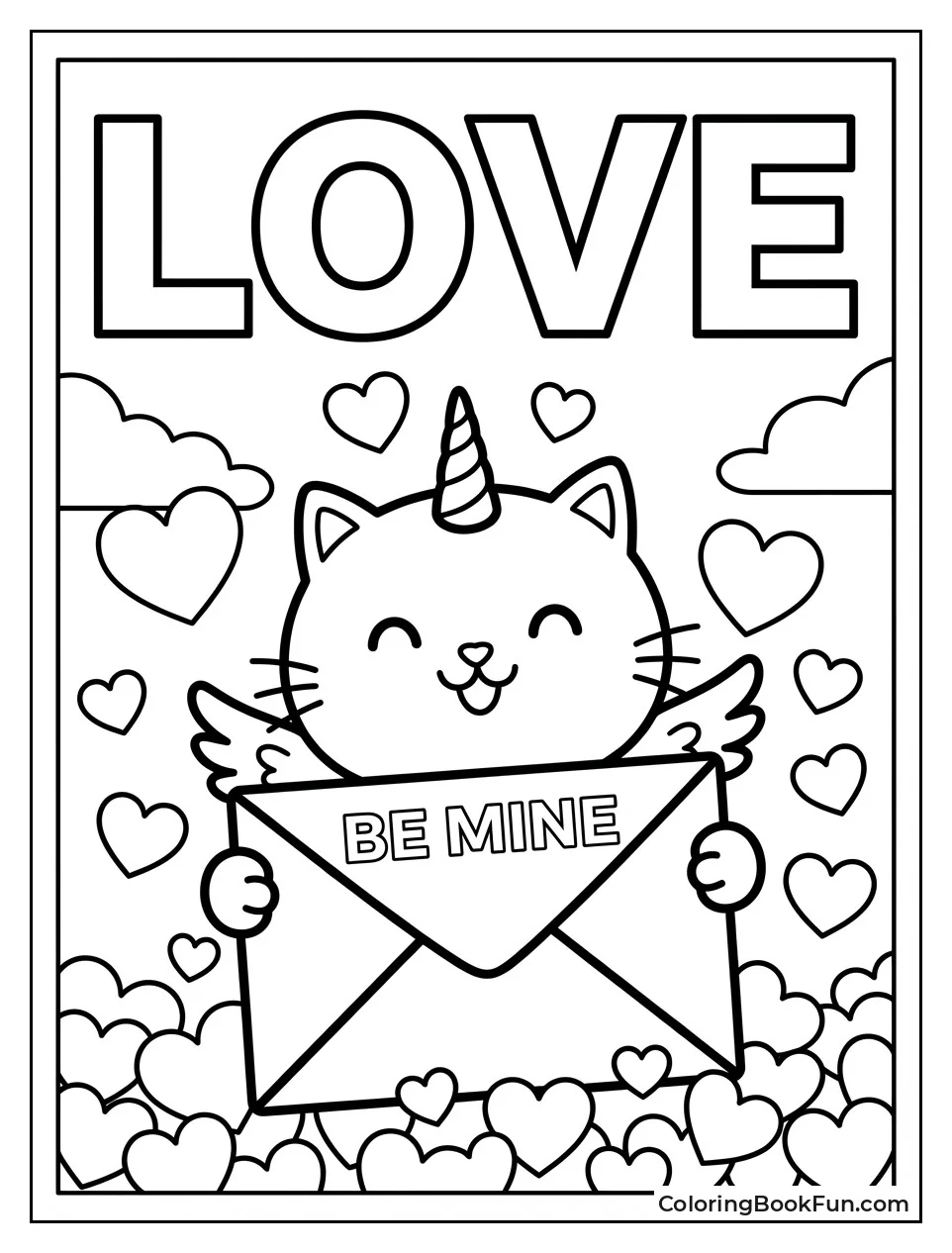 Unicorn Cat Catches Falling Hearts