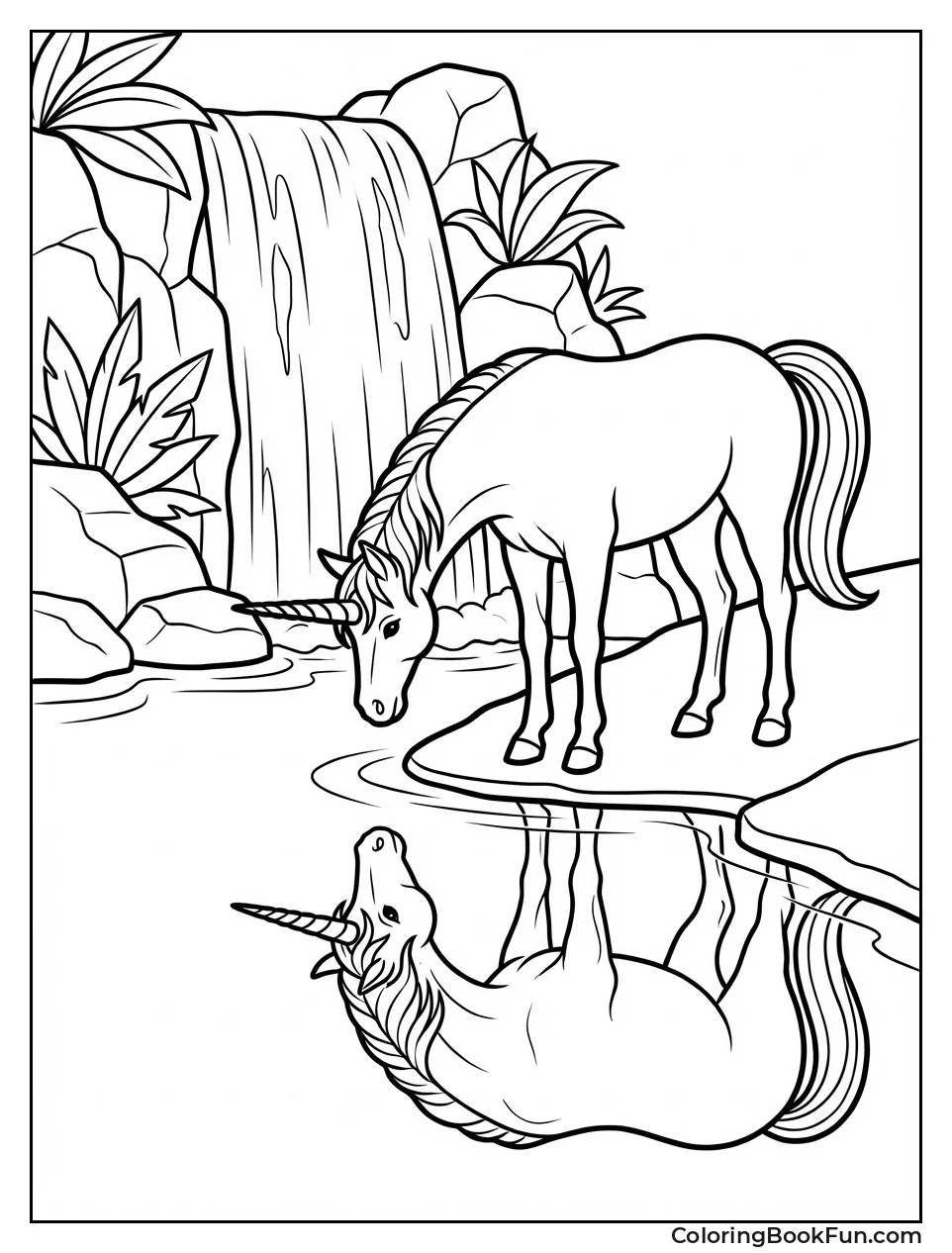 Unicorn Seeing Waterfall Reflection
