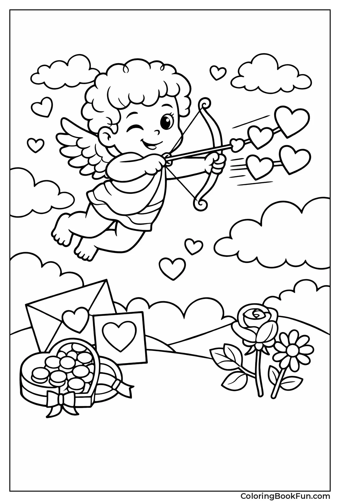 Cupid Flying with Hearts