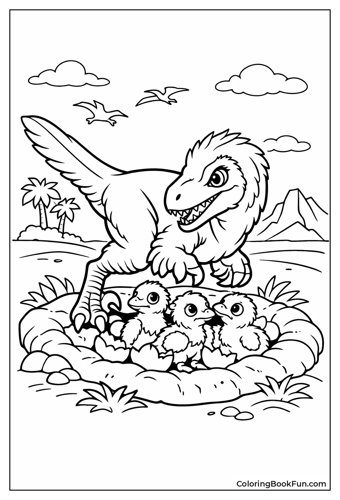 Mother Velociraptor Guards Chicks