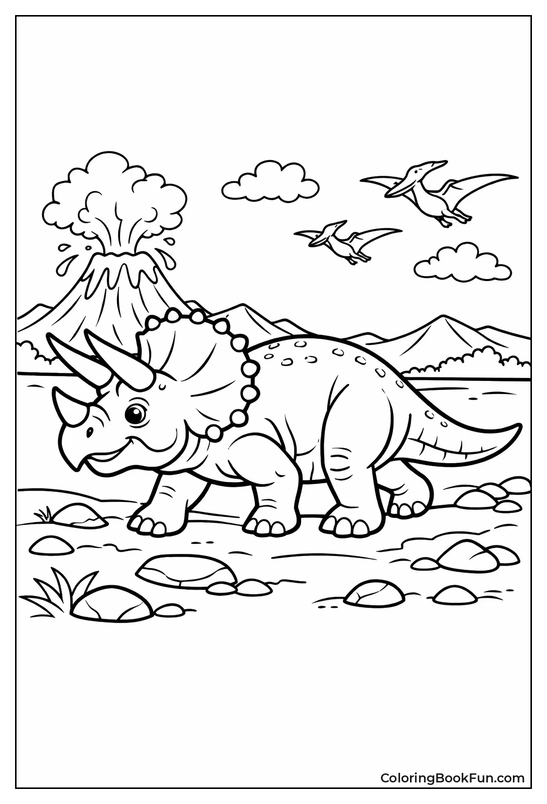 Triceratops Near Smoking Volcano