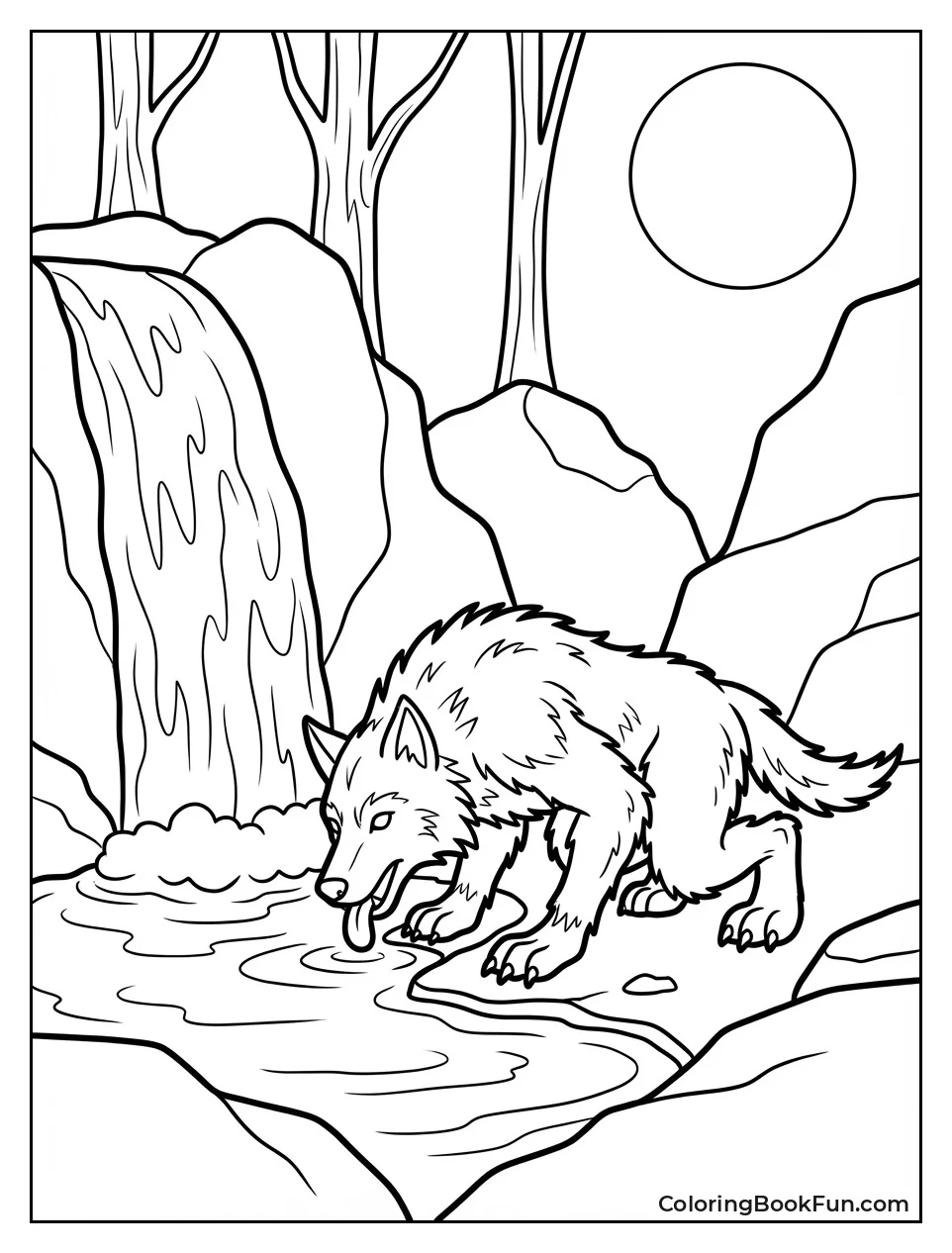 Werewolf Drinking at Waterfall
