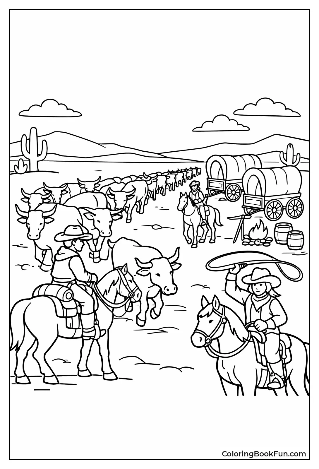 Cowboys Herding Long Cattle Line