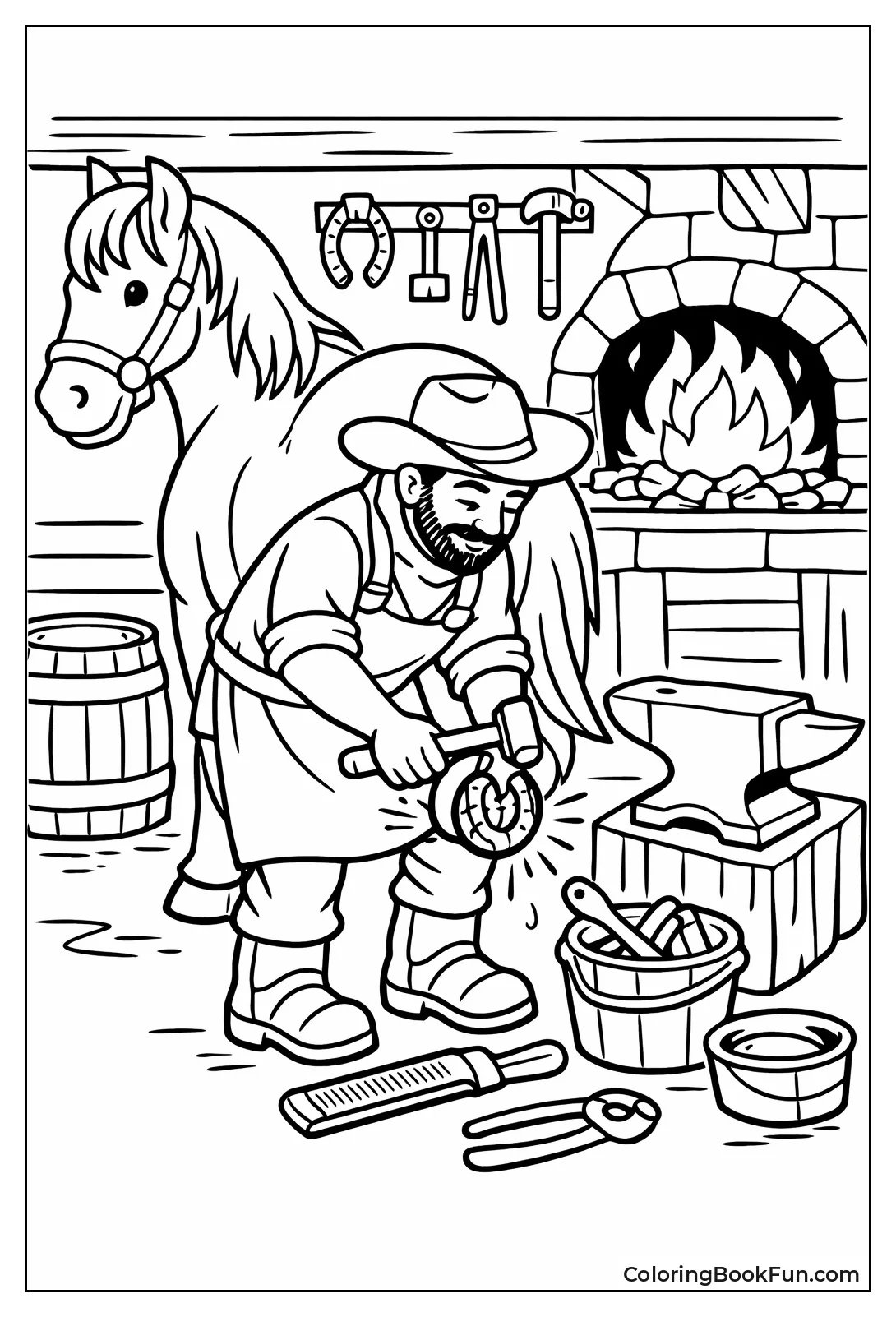 Blacksmith Shoeing Horse in Forge