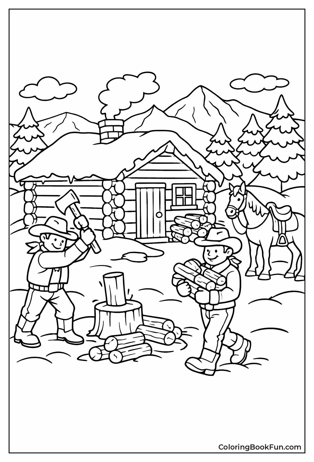 Snowy Cabin with Chopping Cowboys