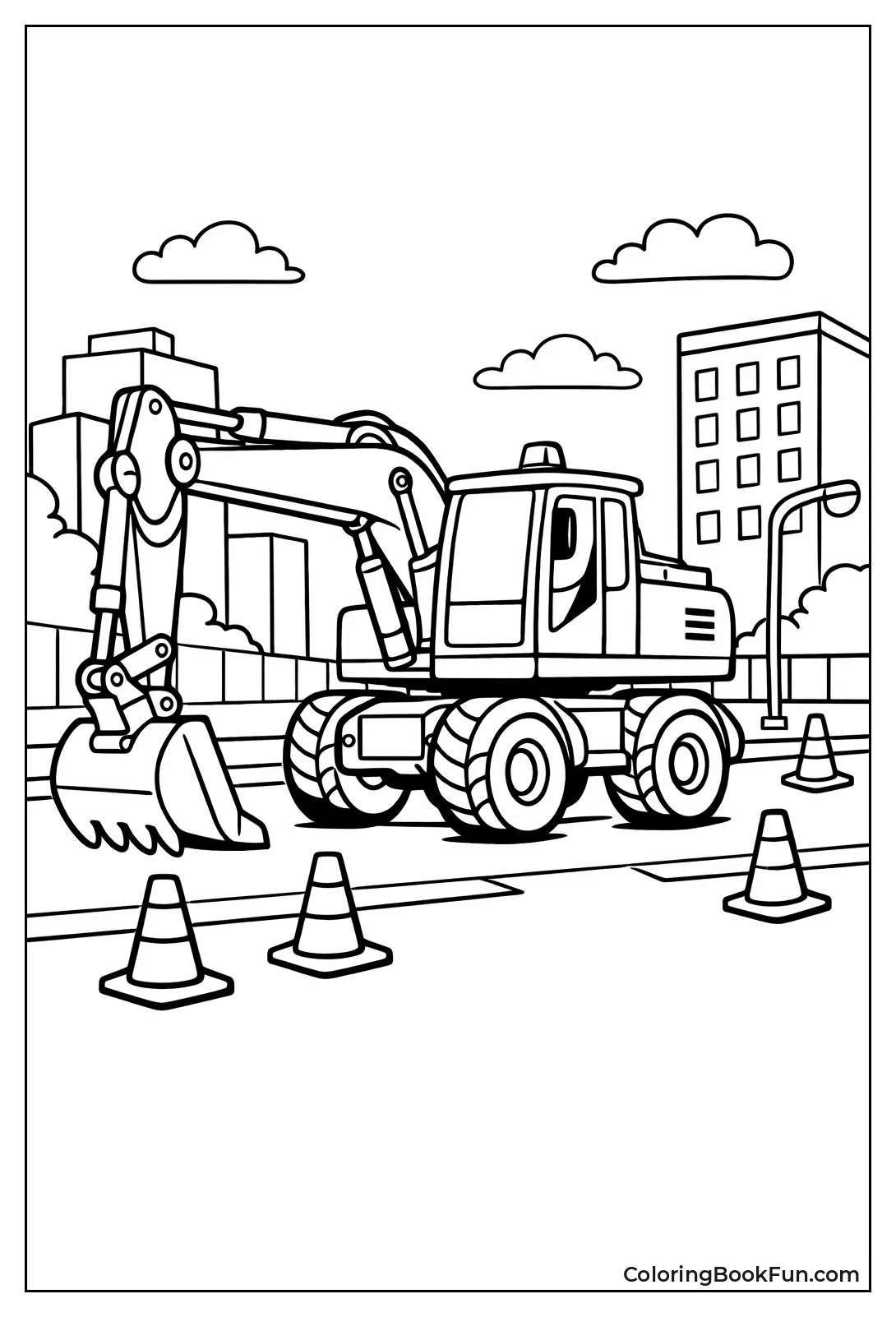 Wheeled Excavator Driving City Street