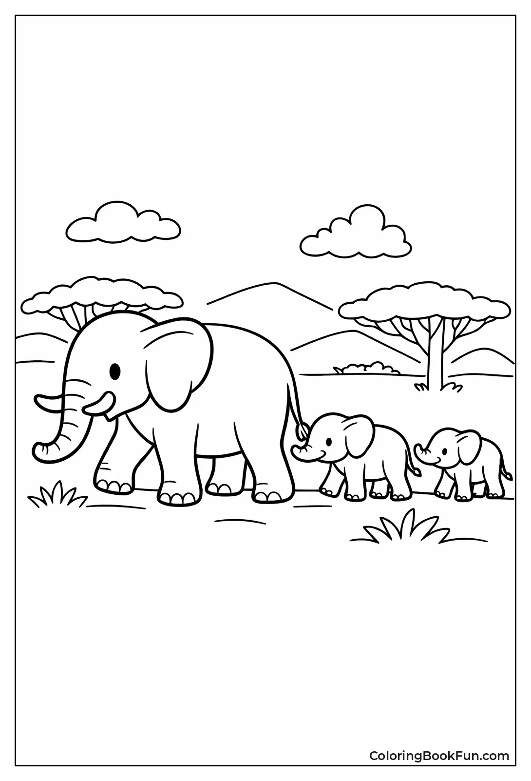 Elephant Family Walks on Savanna