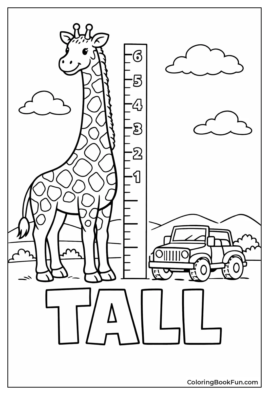 Tall Giraffe Next to Jeep