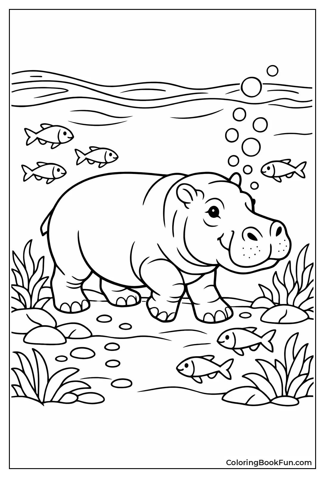 Hippo Walks Underwater with Fish