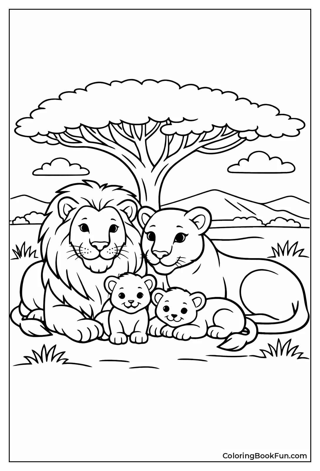 Lion Family Resting Under Tree