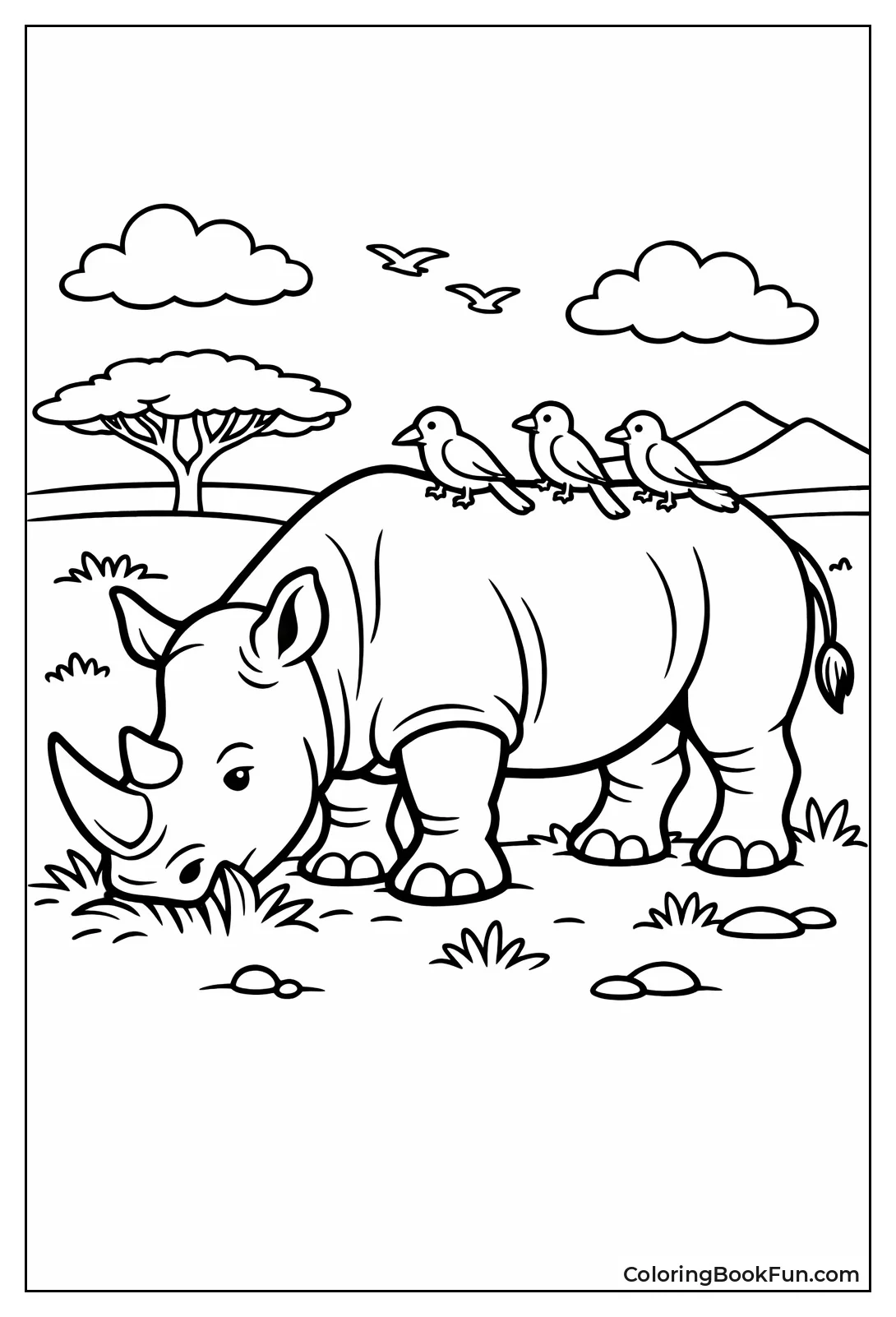 Rhino Grazes with Birds