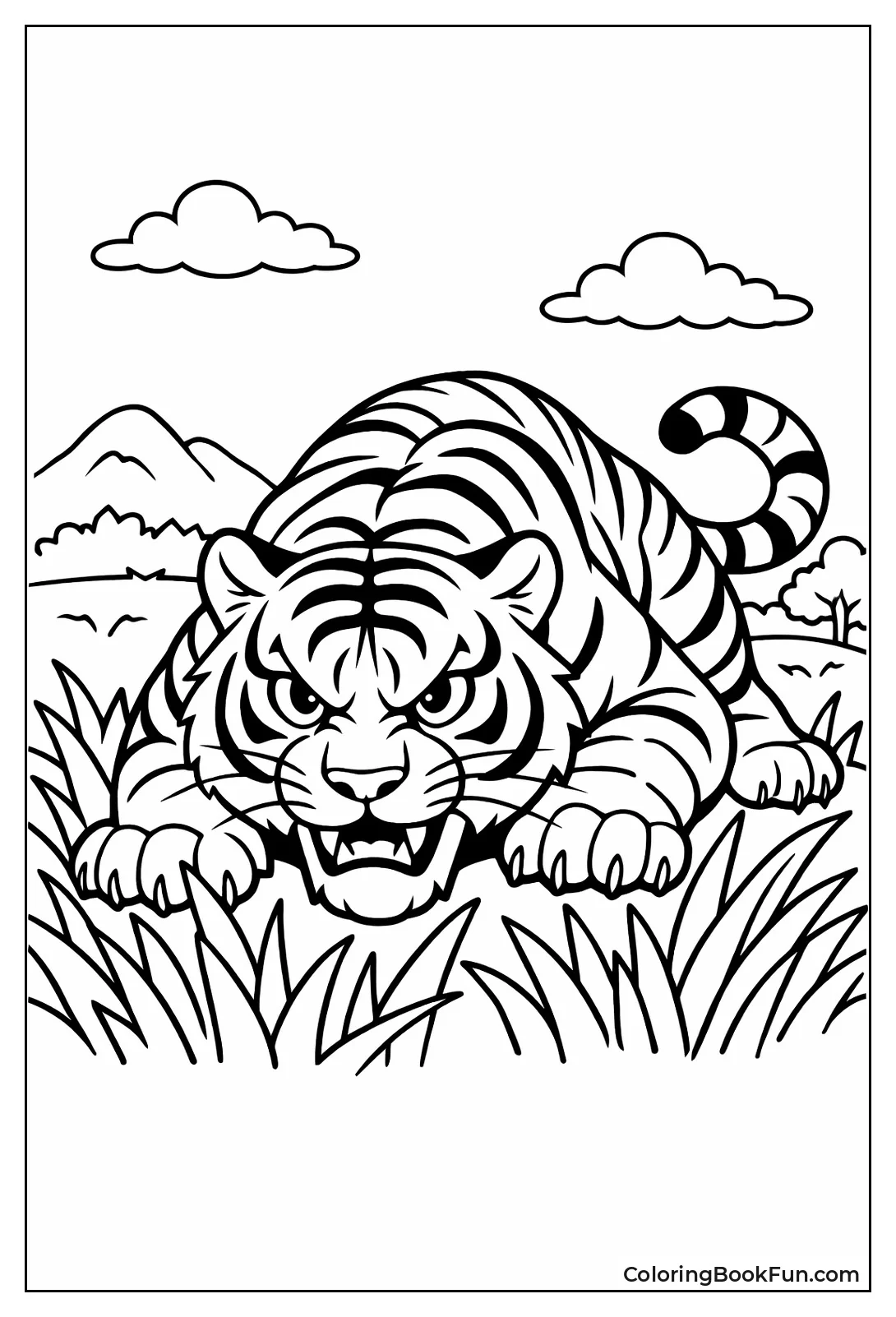 Tiger Stalks Prey in Grass