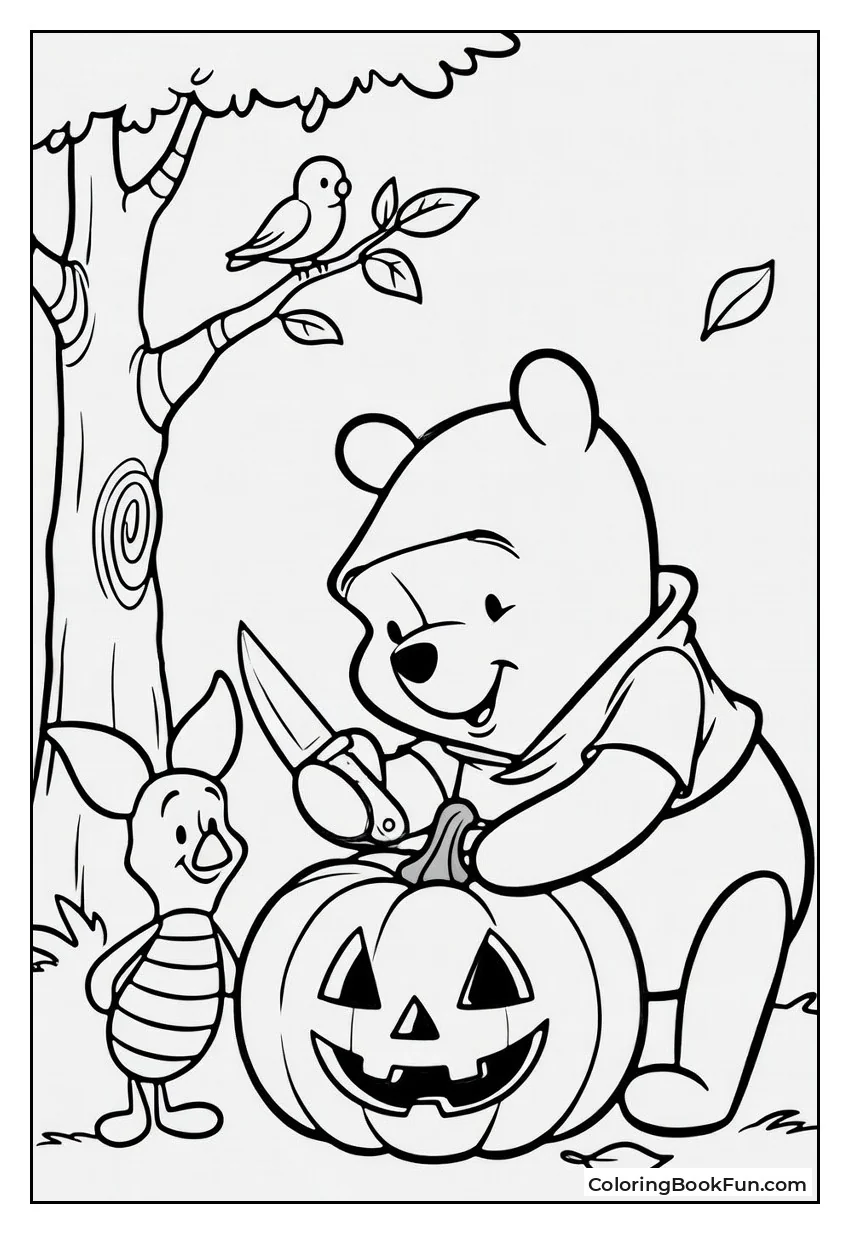 Pooh Carves Spooky Pumpkin