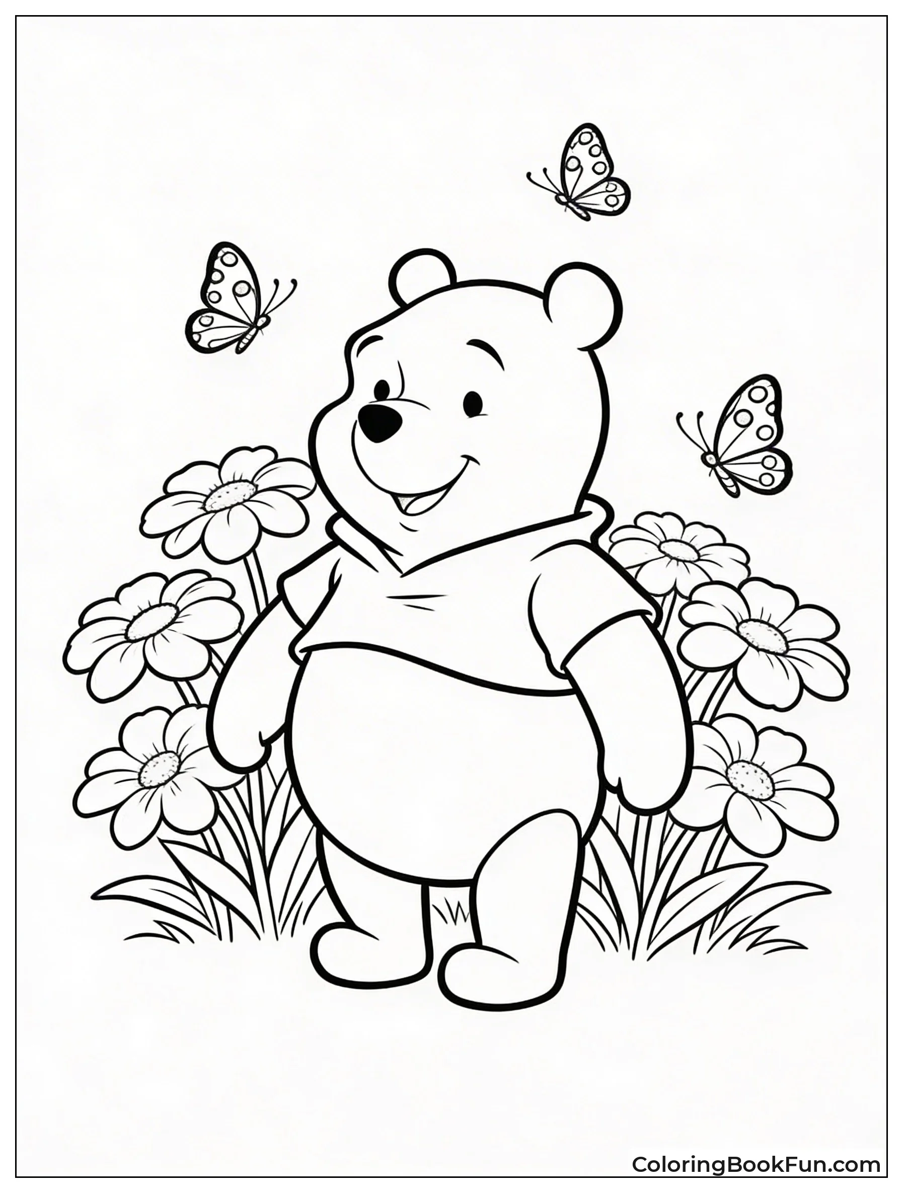 Pooh Sits with Flowers