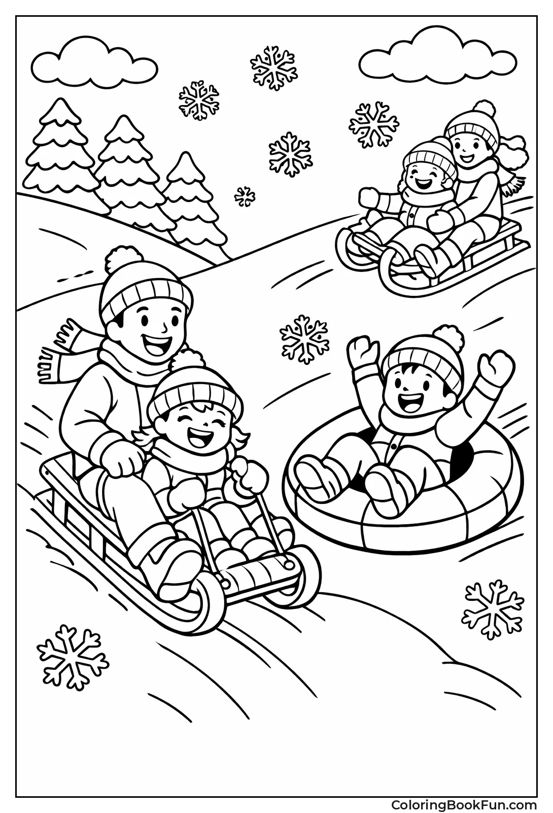 Family Sledding Down Hill