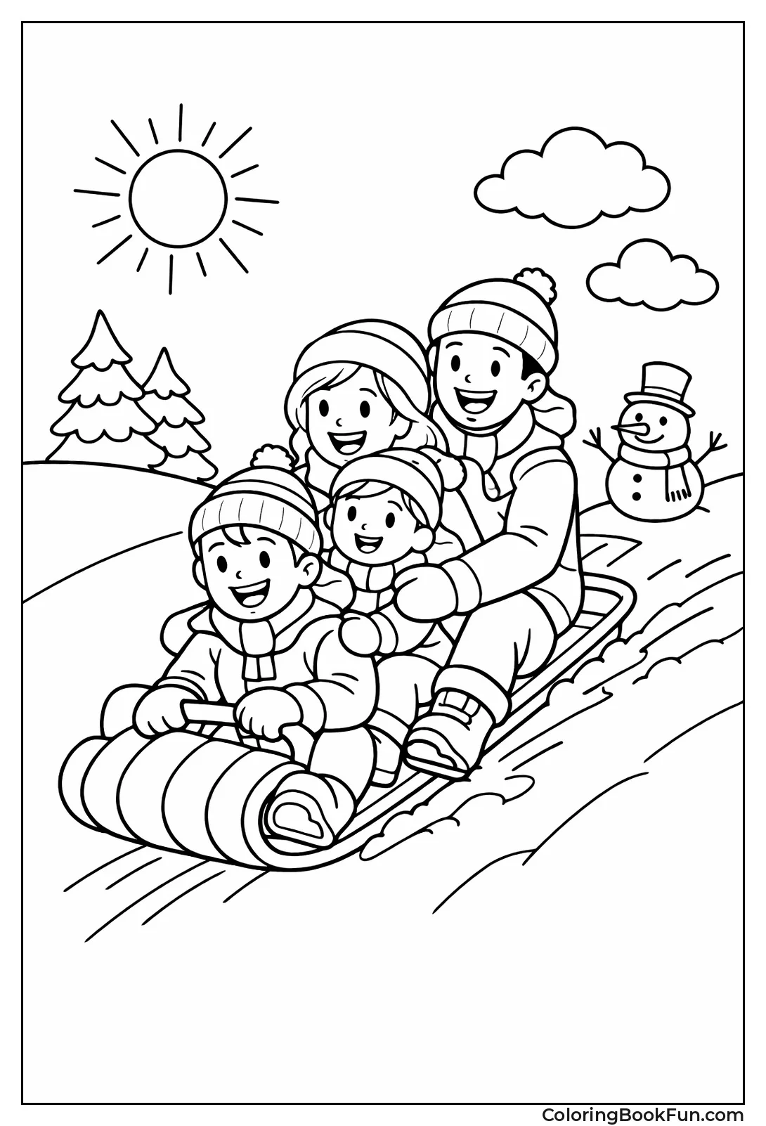 Family Sledding Snowy Hill