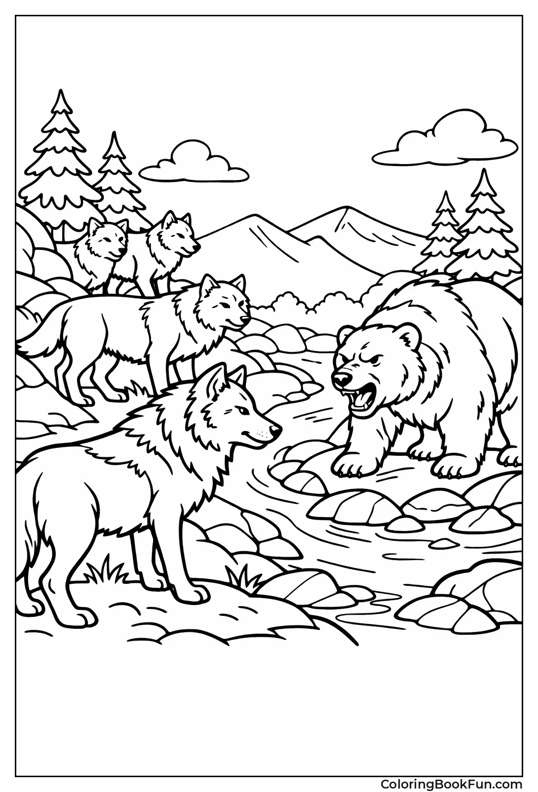 Wolves Facing Grizzly Bear