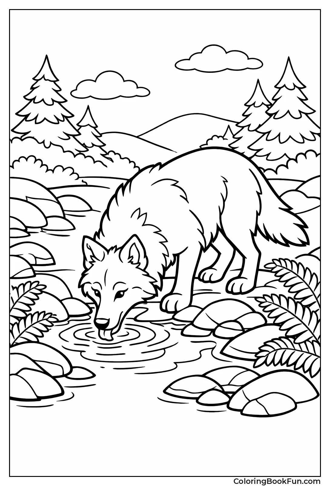 Wolf Drinking from Stream