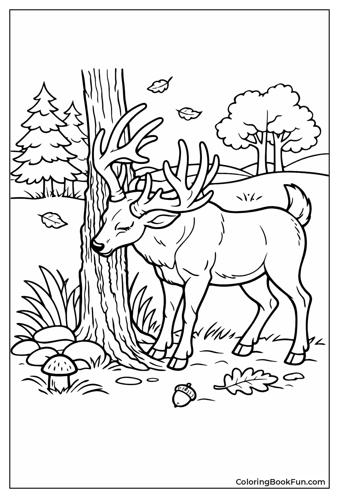 Buck Rubs Tree with Antlers
