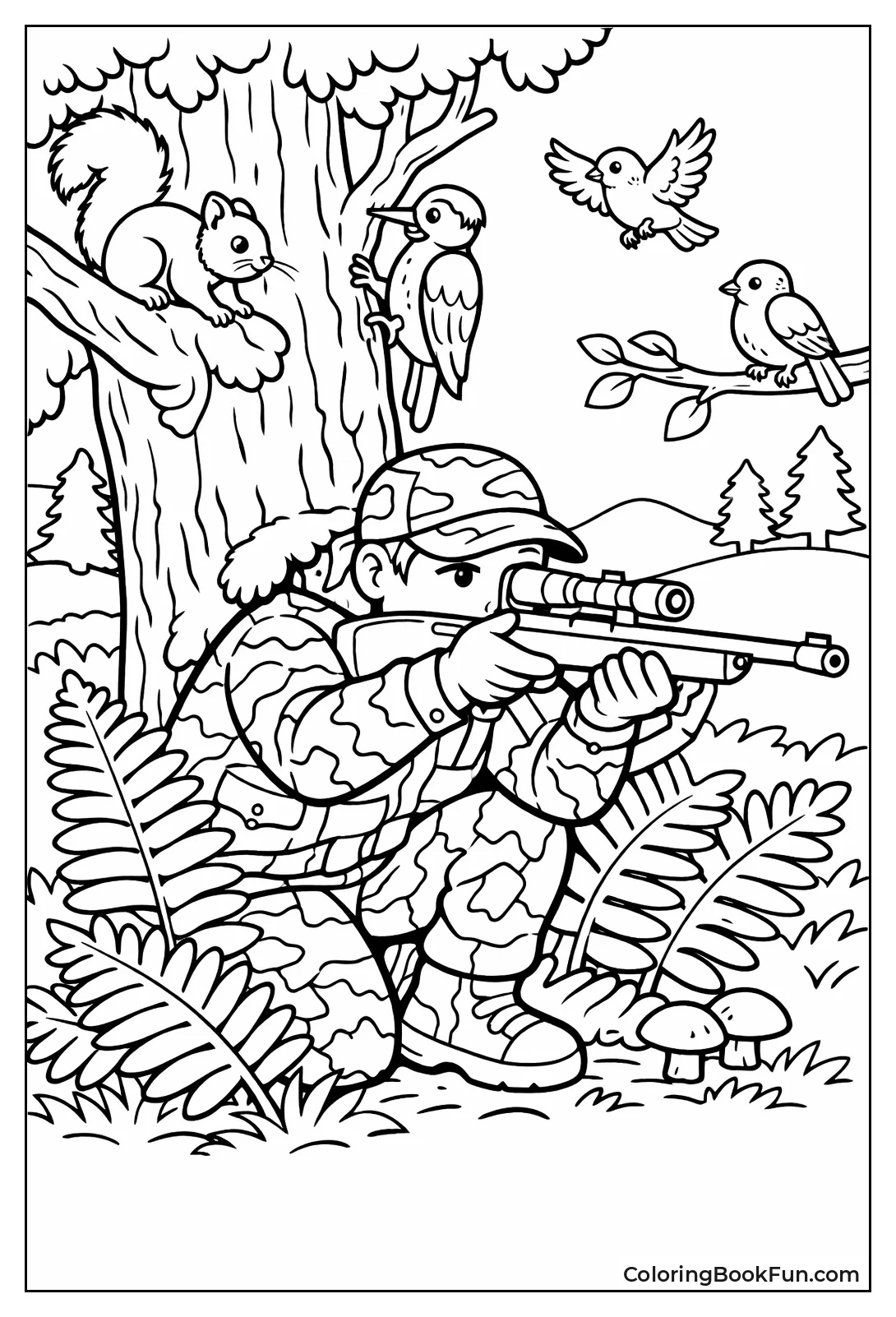 Camo Hunter Hides behind Tree