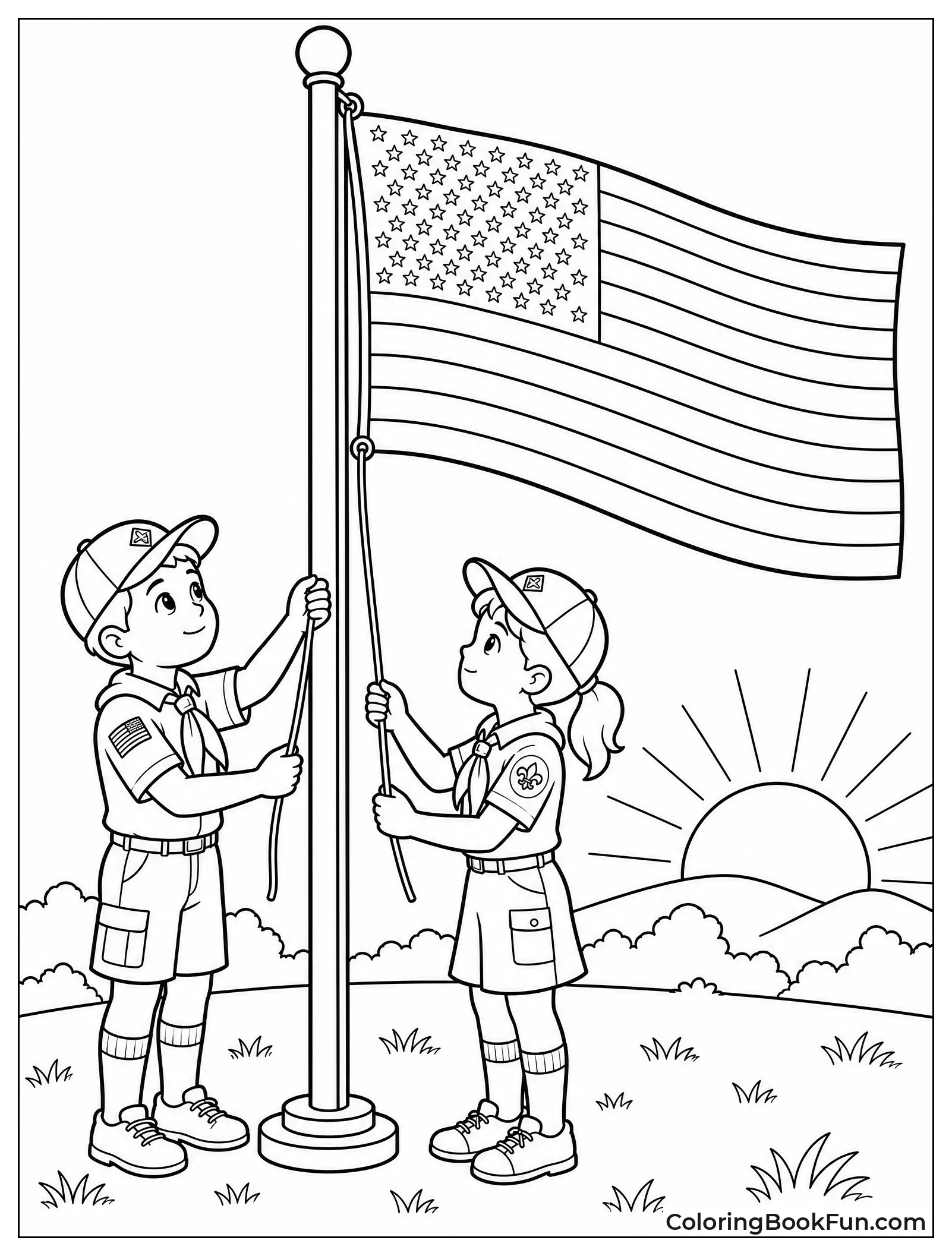Scouts Raising Flag at Sunrise