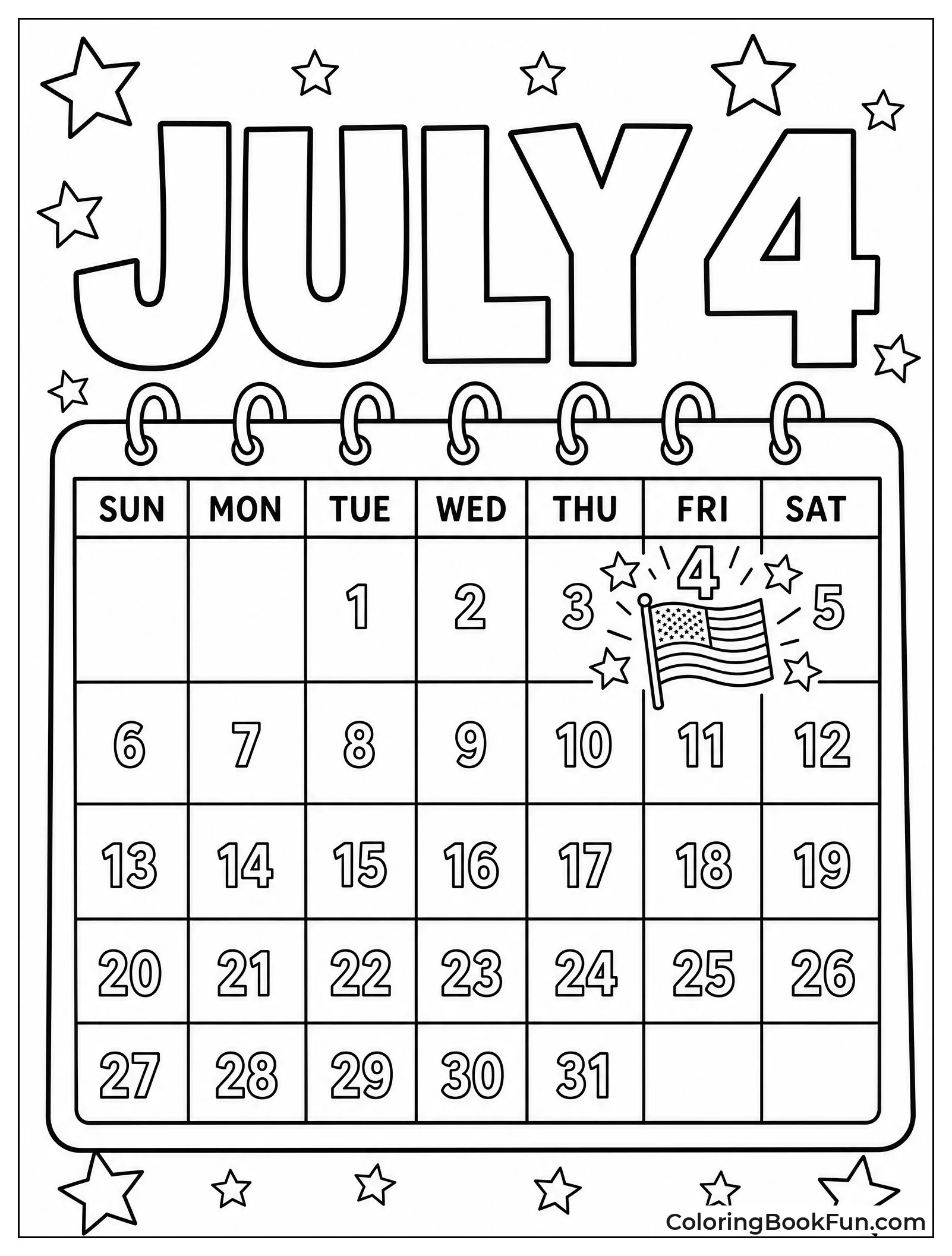 July Calendar with Fourth Highlighted