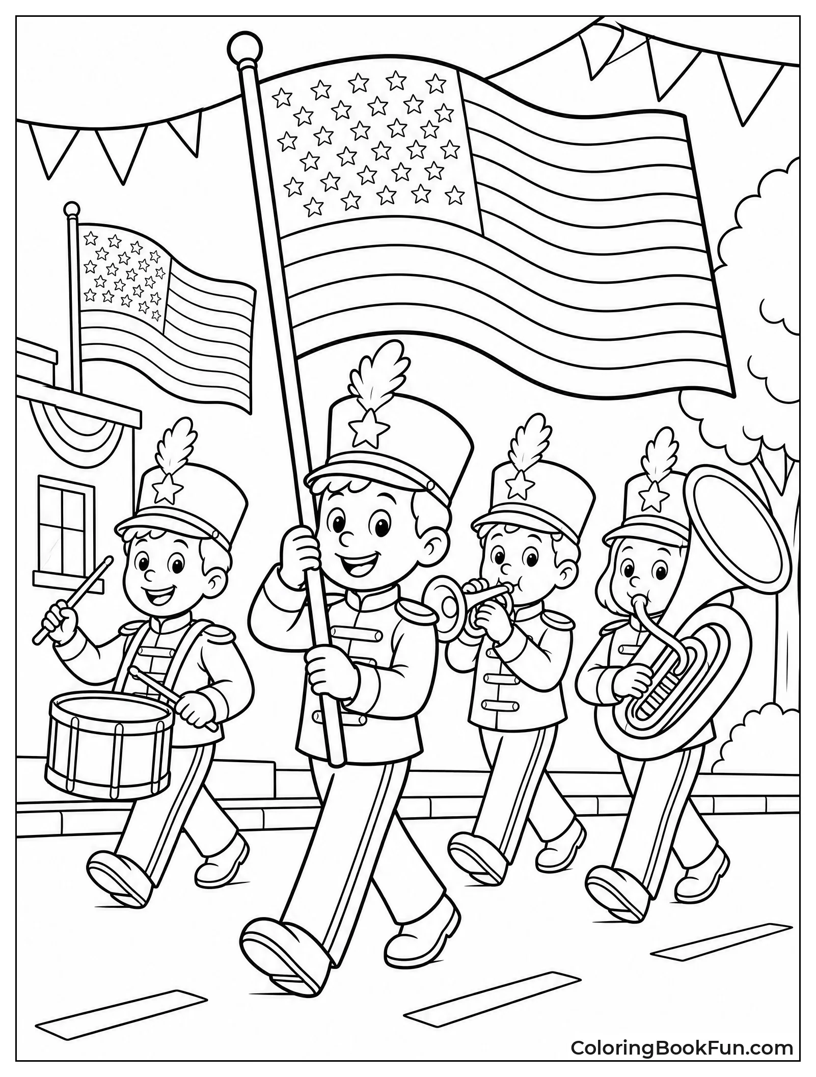 Band Marching and Waving Flags