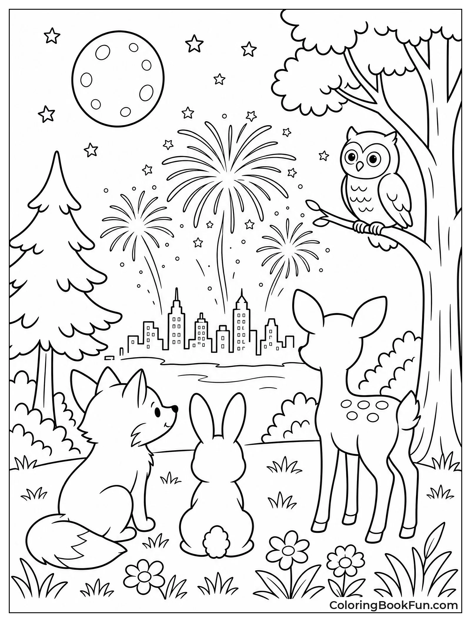 Animals Watching Fireworks from the Forest