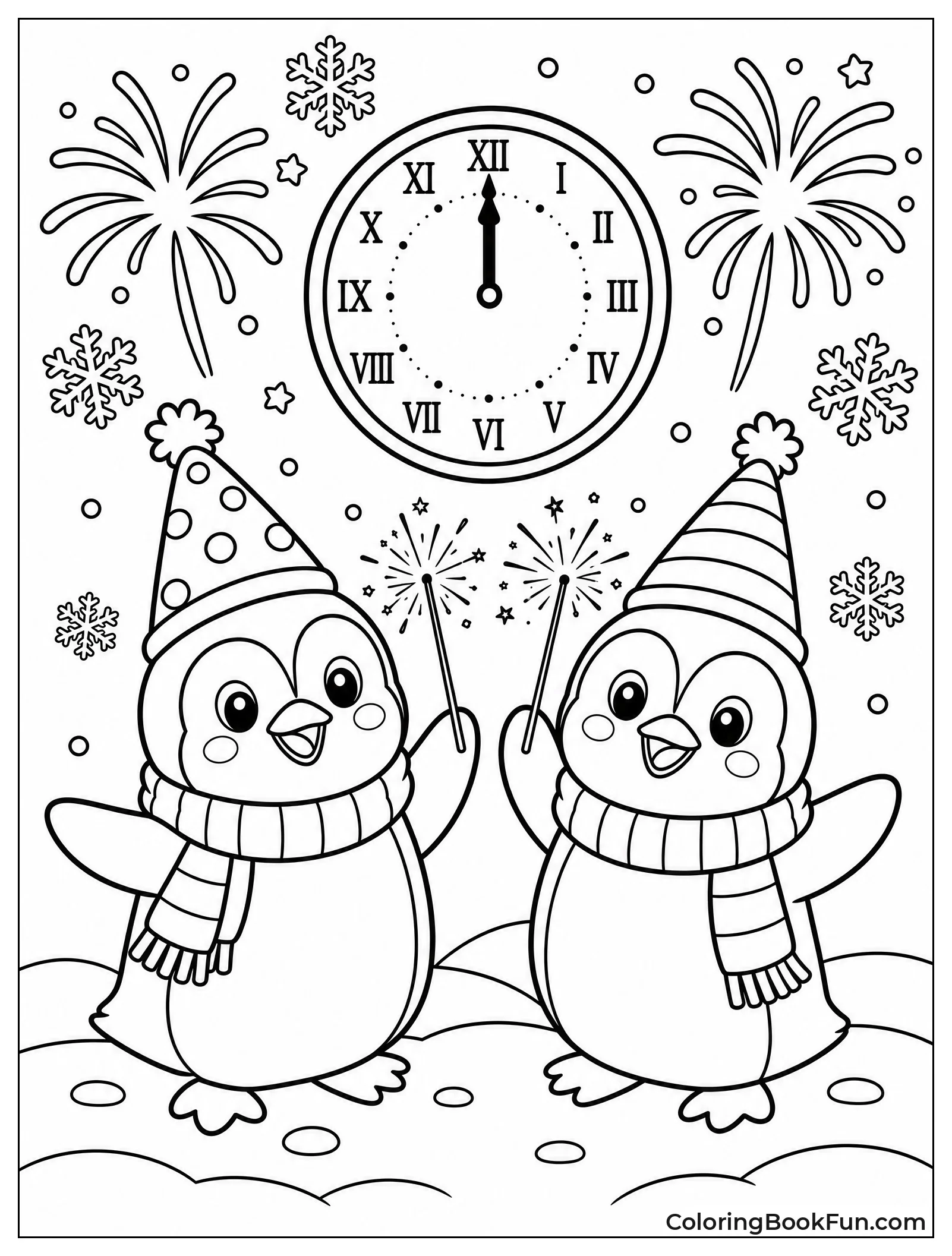 Penguins Having a Snowy Party with Hats
