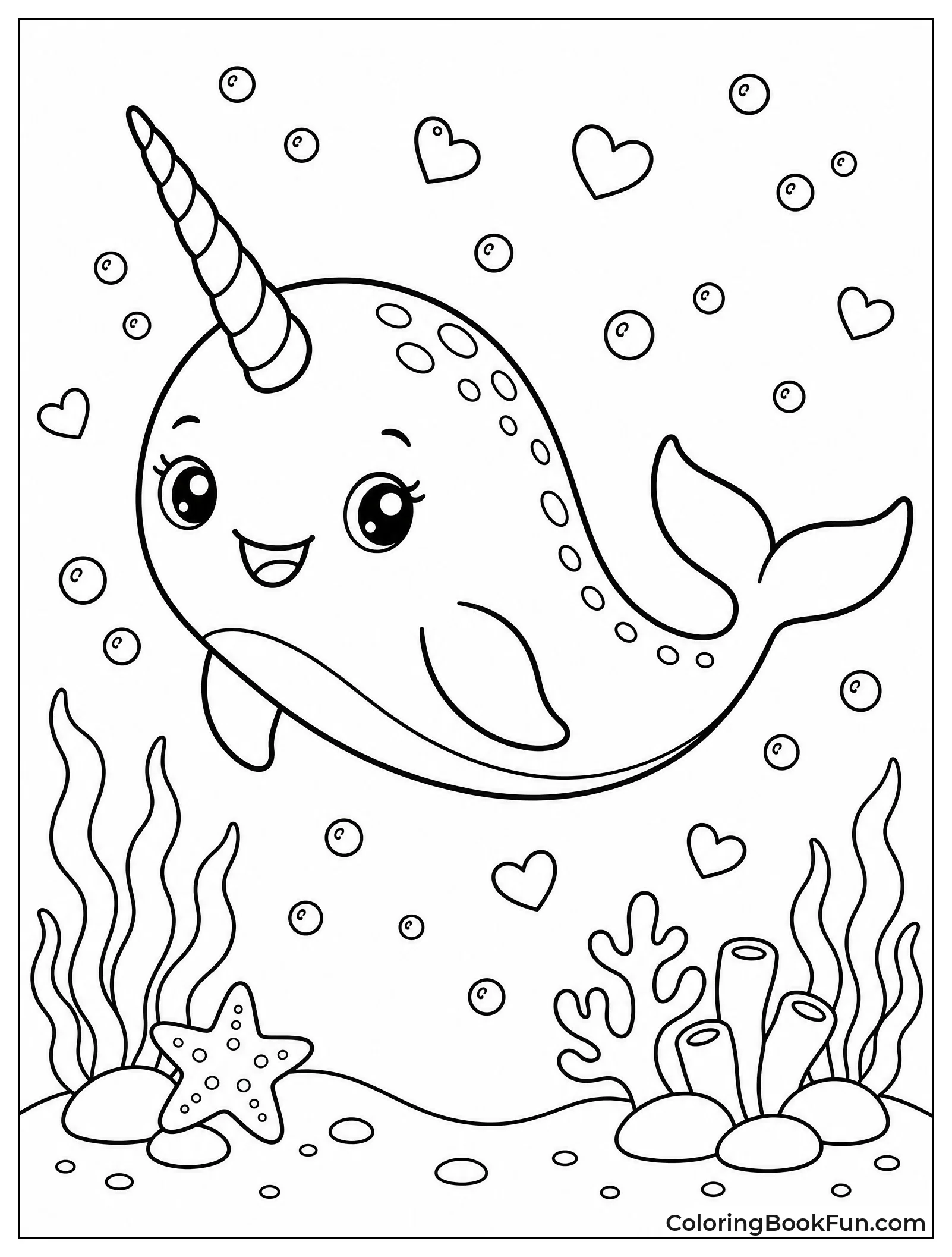 Cute Narwhal Swims with Bubbles