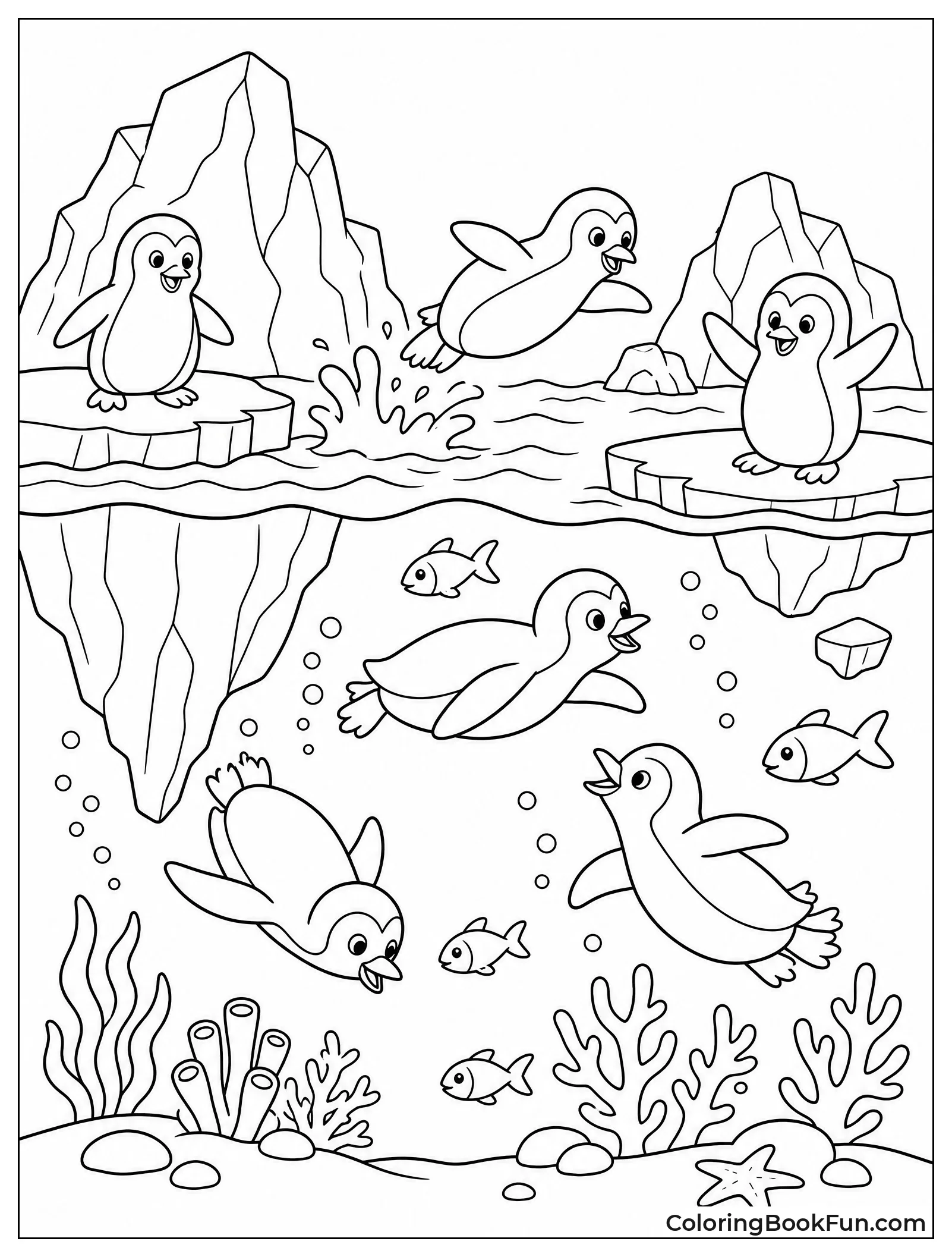 Penguins Dive near Icebergs