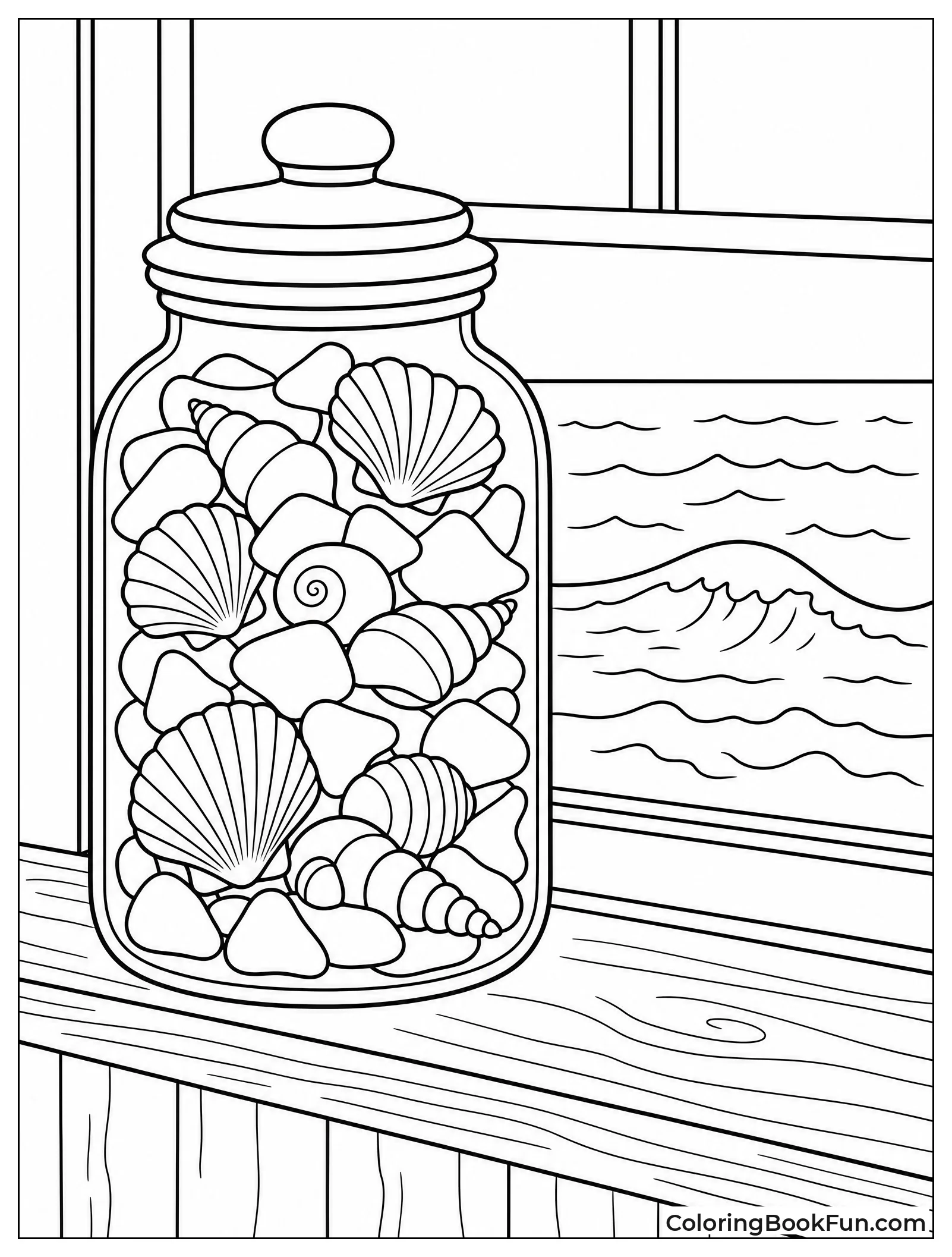 Jar Holds Seashells and Glass