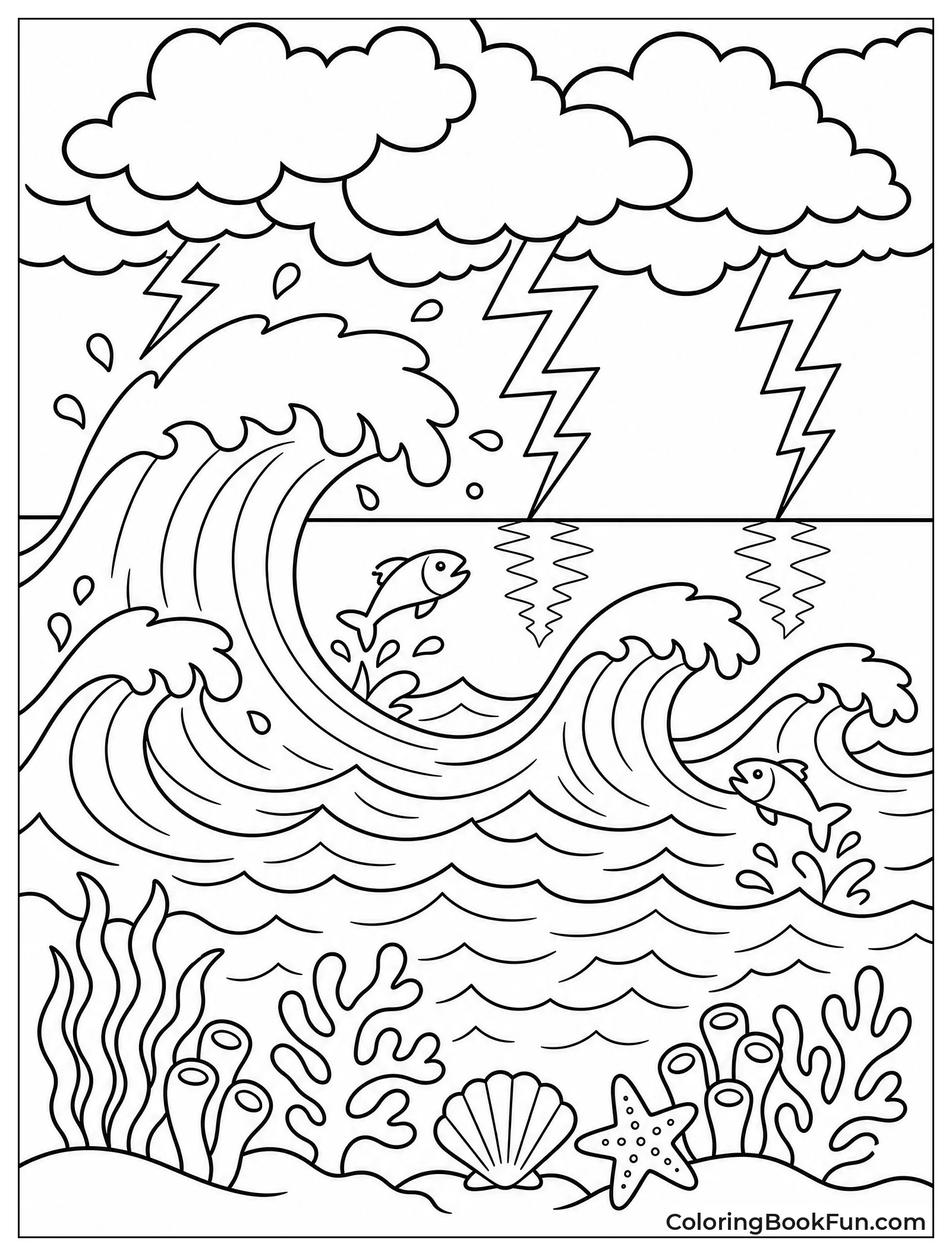 Stormy Waves Rise under Clouds