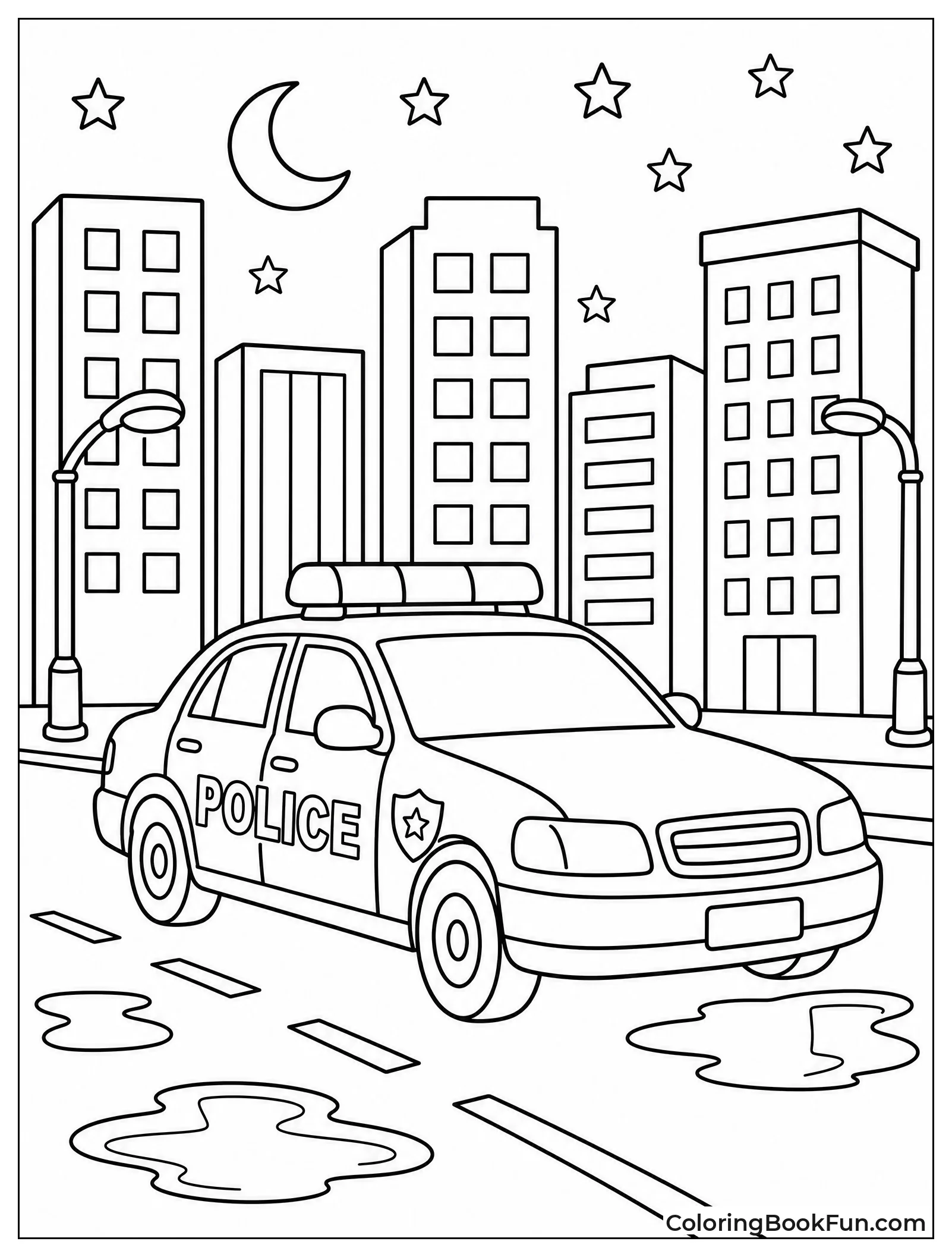 Police Car Driving Through City Night