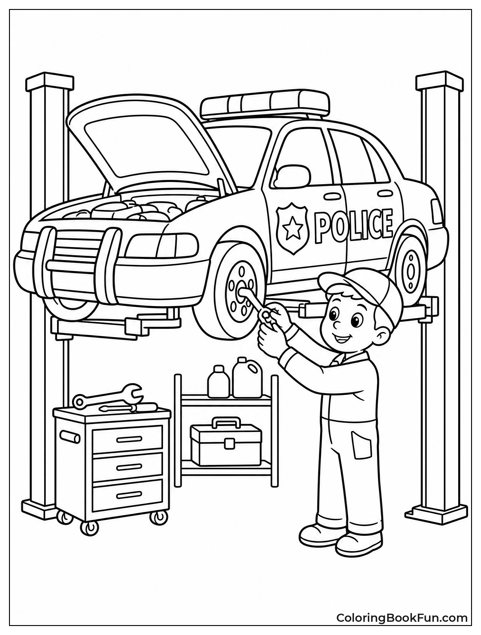Mechanic Fixing Police Car in Garage