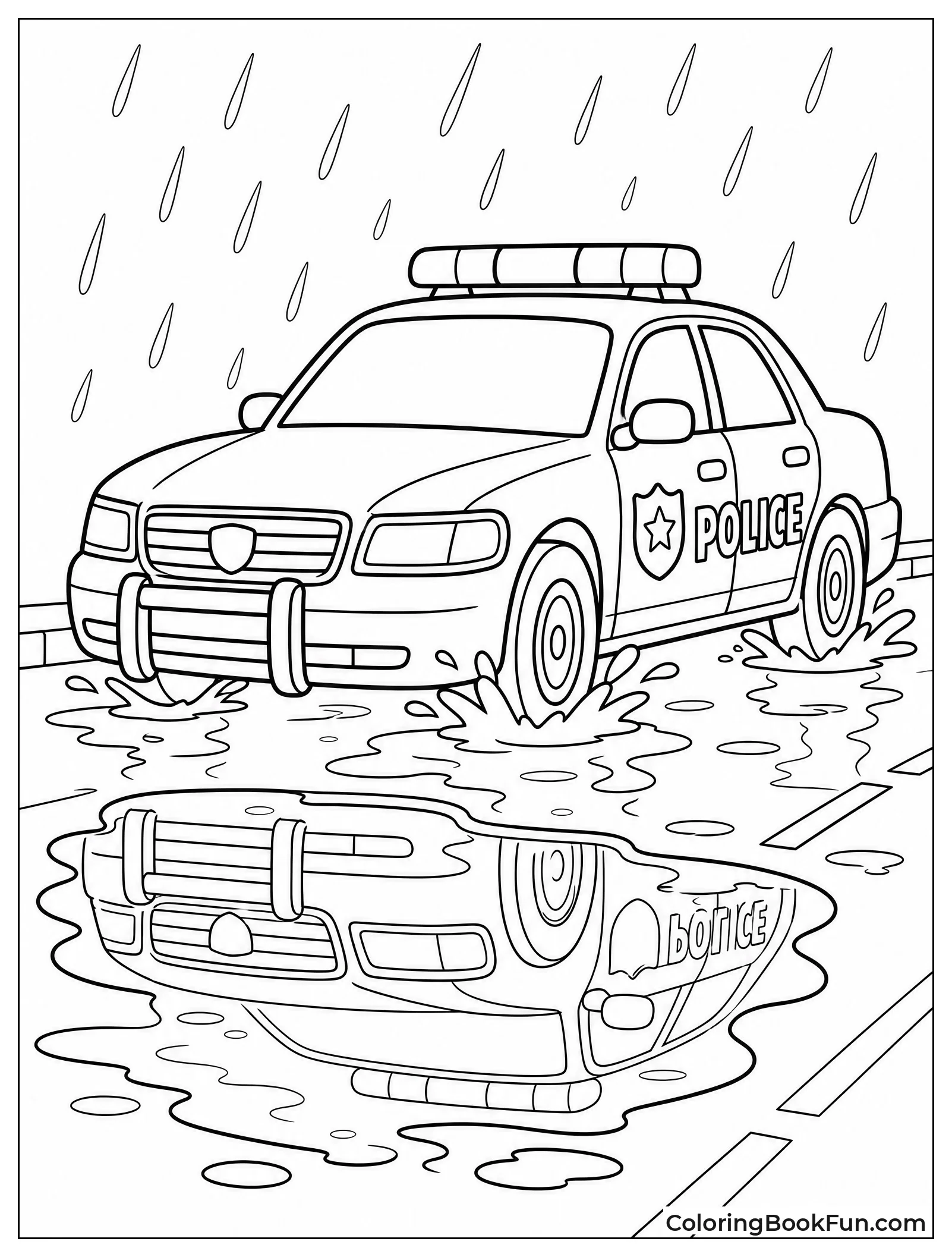 Police Car Driving on Rainy Street