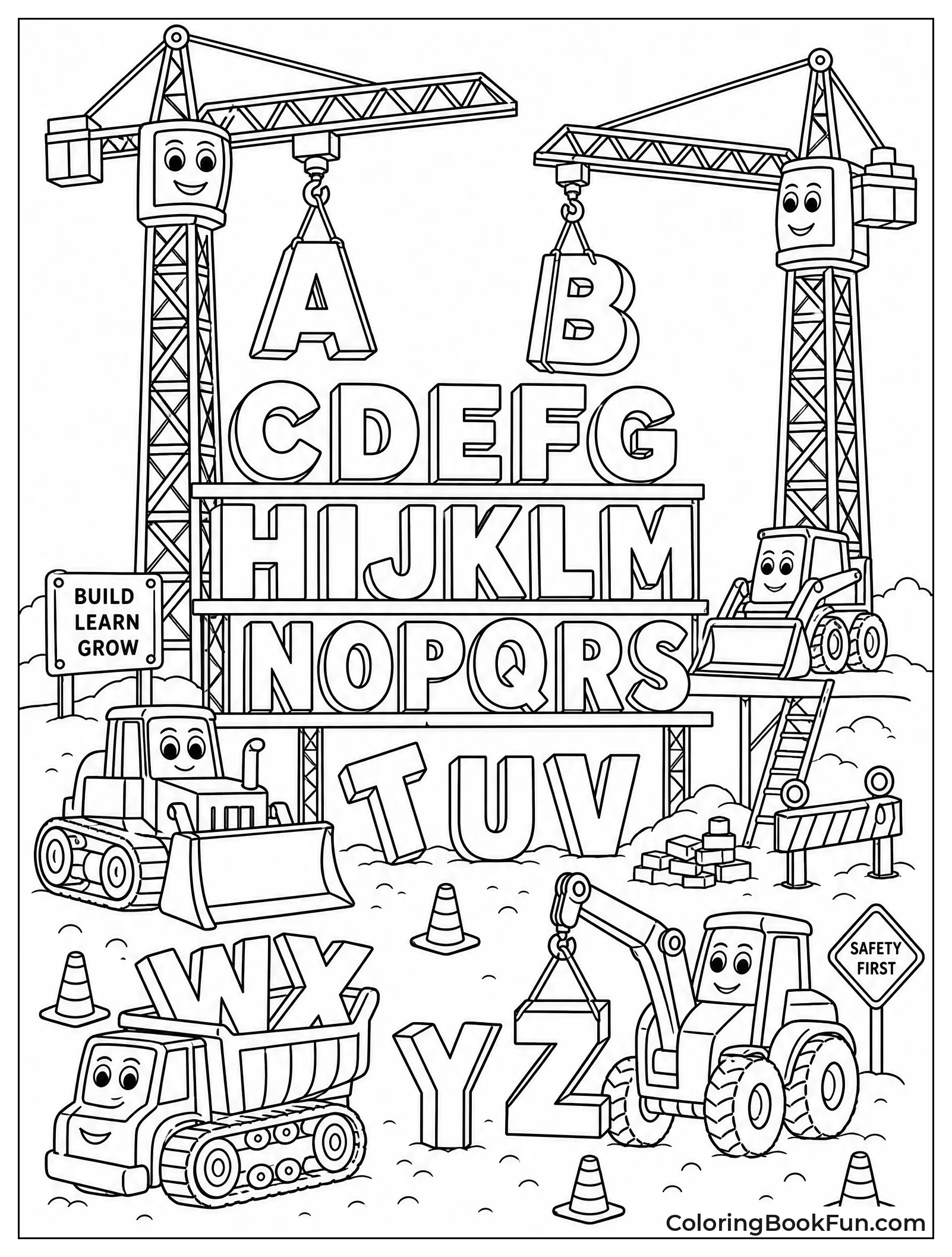 Bulldozers Lifting Heavy Block Letters